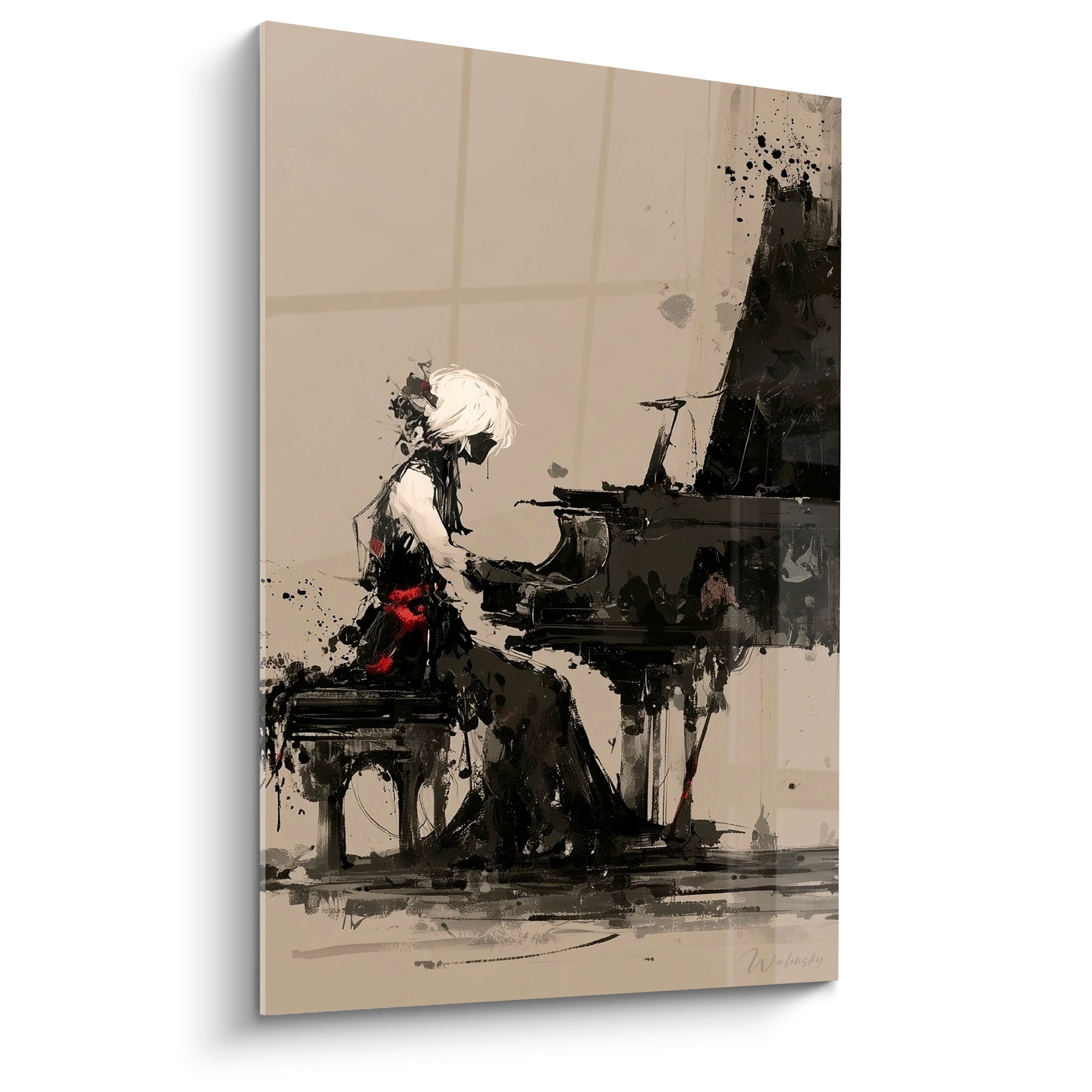 Pianiste esquissé en encre noire sur fond beige, silhouette cheveux blancs, touche de rouge vif