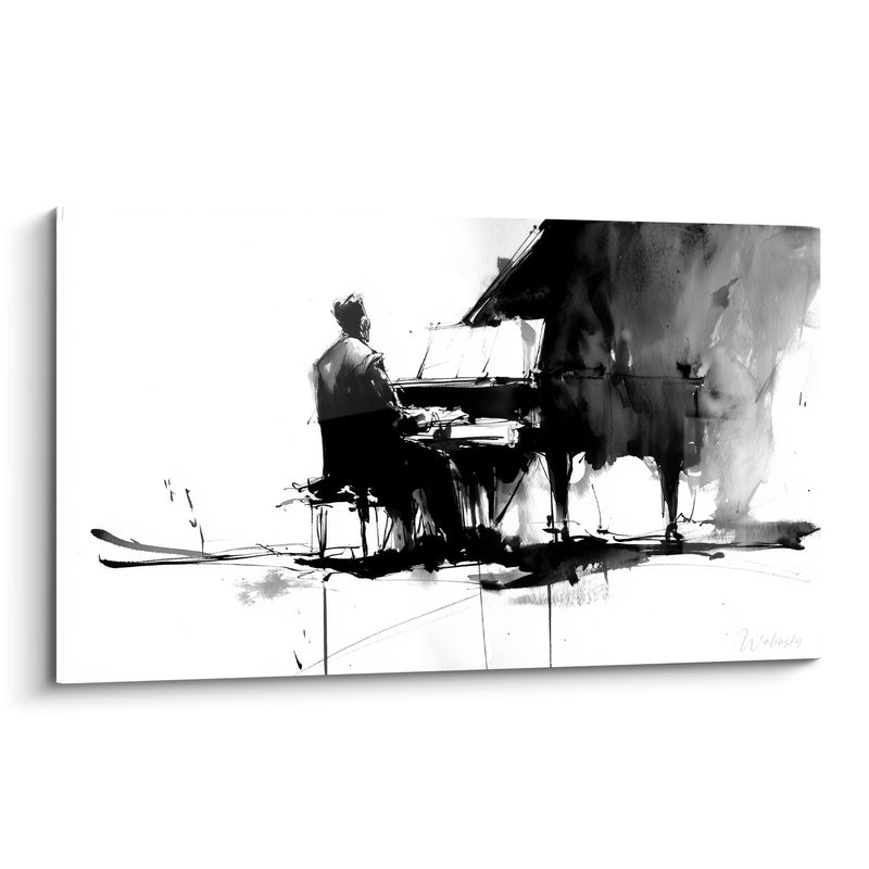 Tableau Musique noir et blanc encre pianiste au piano à queue - Lignes d'encre éclaboussée - Edition Musique