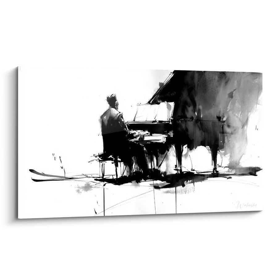 Tableau Musique noir et blanc encre pianiste au piano à queue - Lignes d'encre éclaboussée - Edition Musique