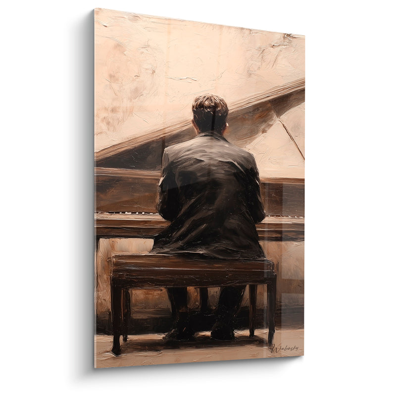 Tableau Musique noir et beige pianiste assis banc - Couvercle relevé du piano - Edition Musique