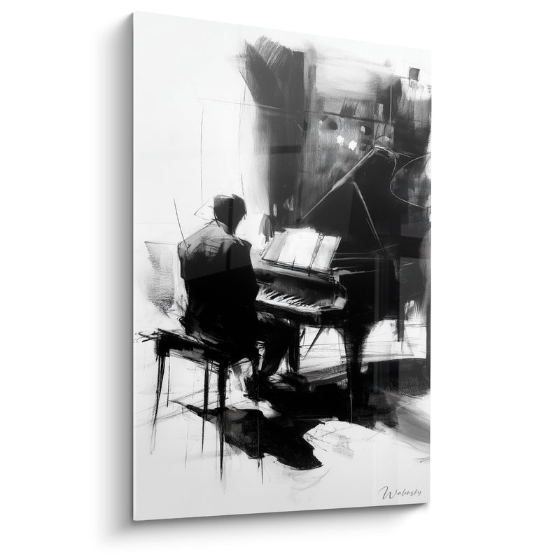 Tableau Musique pianiste noir et blanc clair-obscur - Silence habité - Edition Musique