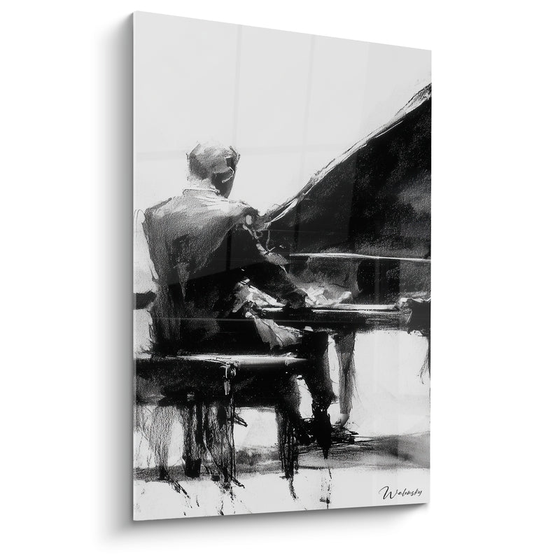 Tableau Musique noir et blanc pianiste esquissé - Croquis au fusain - Edition Musique