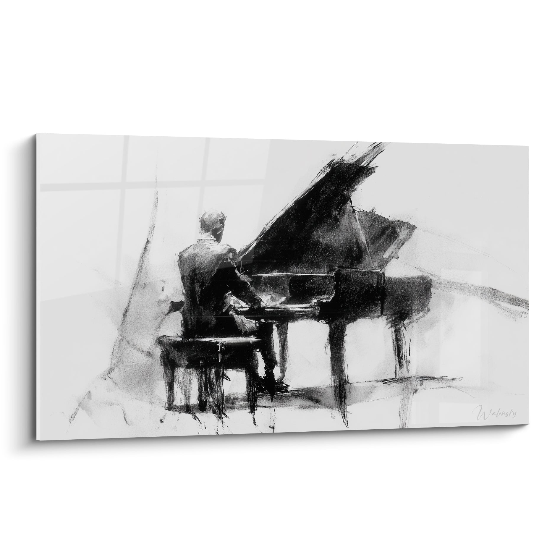Pianiste de dos au piano à queue noir, traits esquissés en noir et blanc sur fond gris clair