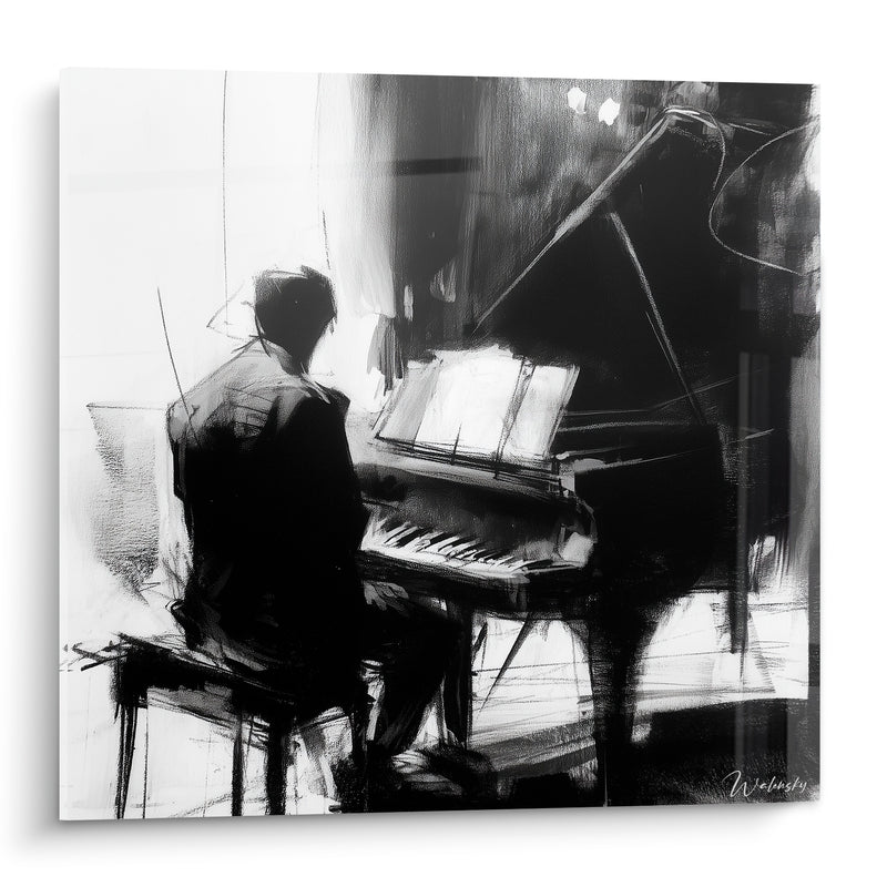 Tableau Musique noir et blanc pianiste esquissé - Instant de recueillement - Edition Musique
