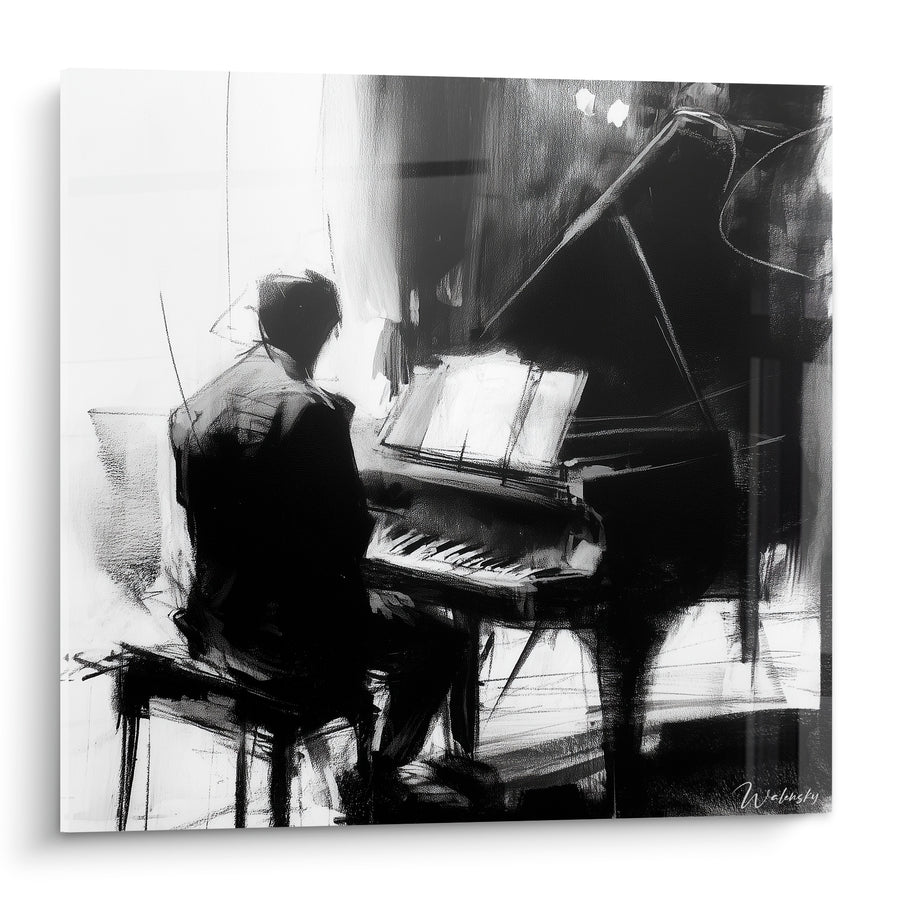 Tableau Musique noir et blanc pianiste esquissé - Instant de recueillement - Edition Musique