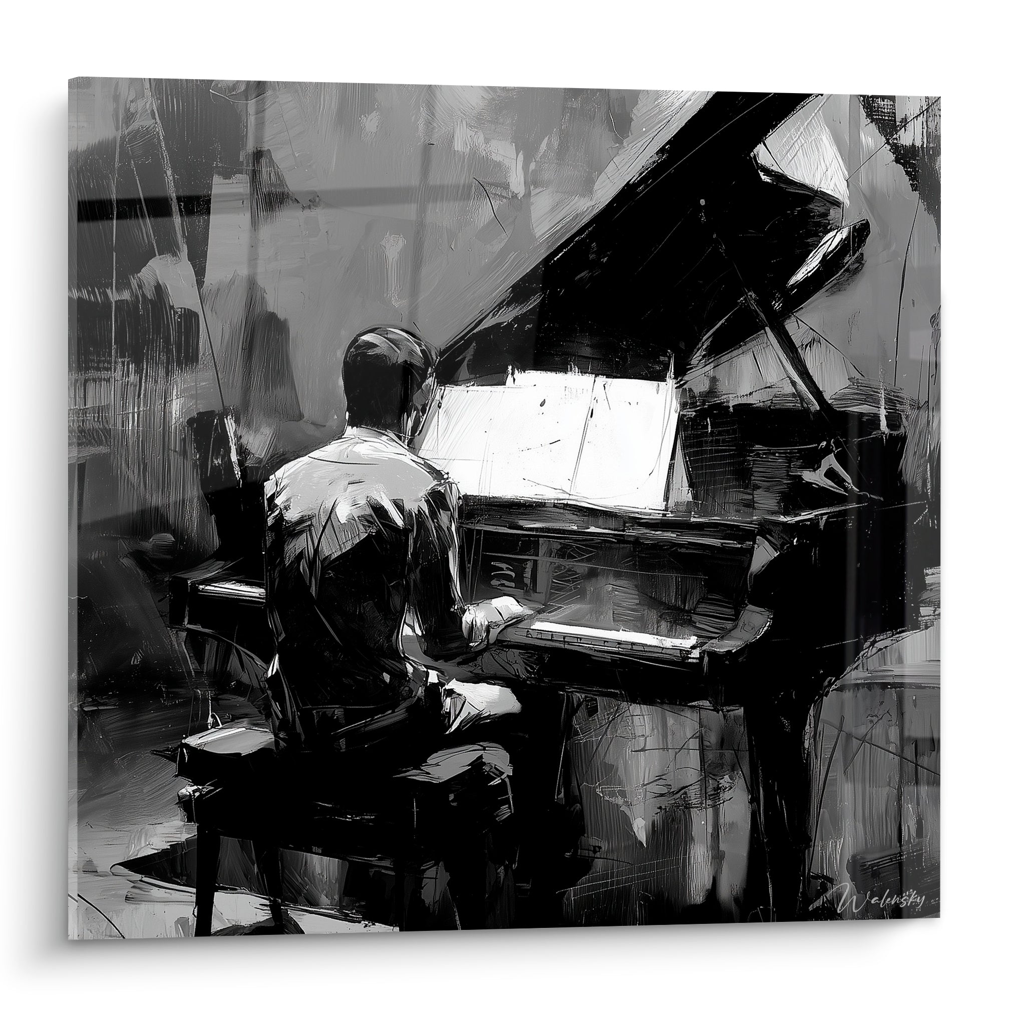 Pianiste de dos joue un piano à queue noir profond aux reflets blancs, peinture expressive et texturée