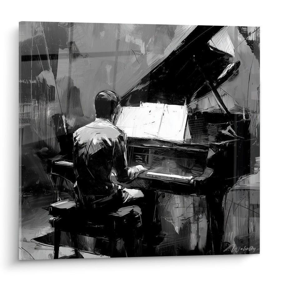 Tableau Musique pianiste noir et blanc au piano à queue - Concert intime - Edition Musique