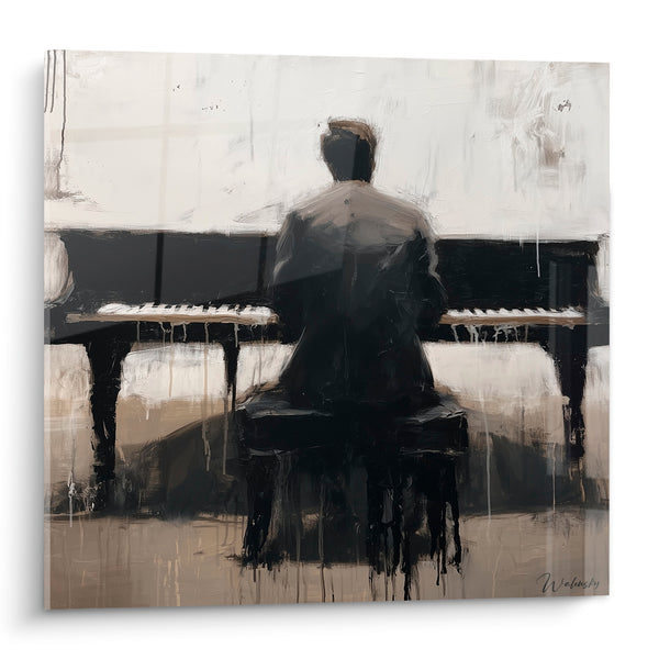 Cuadro Música negro y beige pianista con doble teclado - Dos teclados simétricos - Edición Música