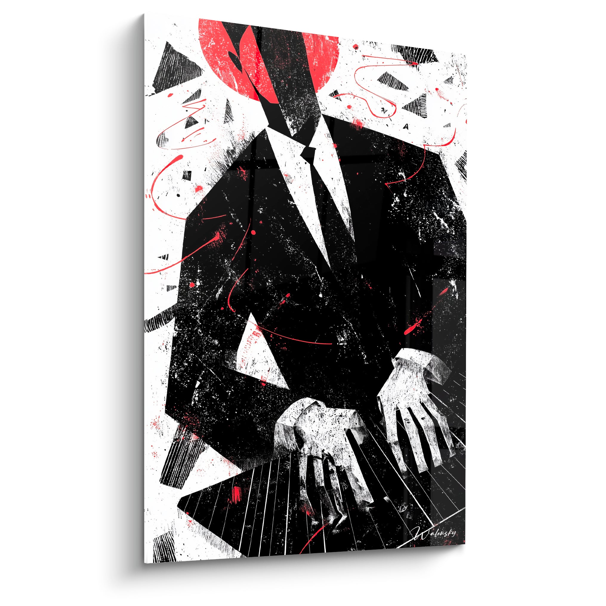Pianiste stylisé en noir et rouge, mains blanches sur le clavier, tableau musique graphique éclaboussé