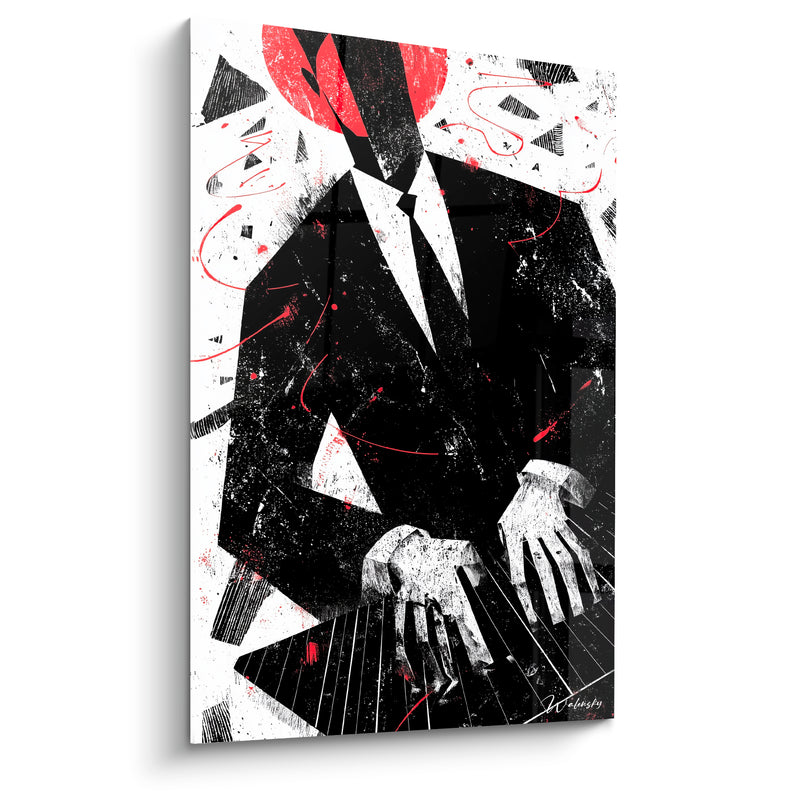 Tableau Musique noir et rouge costume cravate pianiste - Éclaboussures encre urbaine - Edition Musique