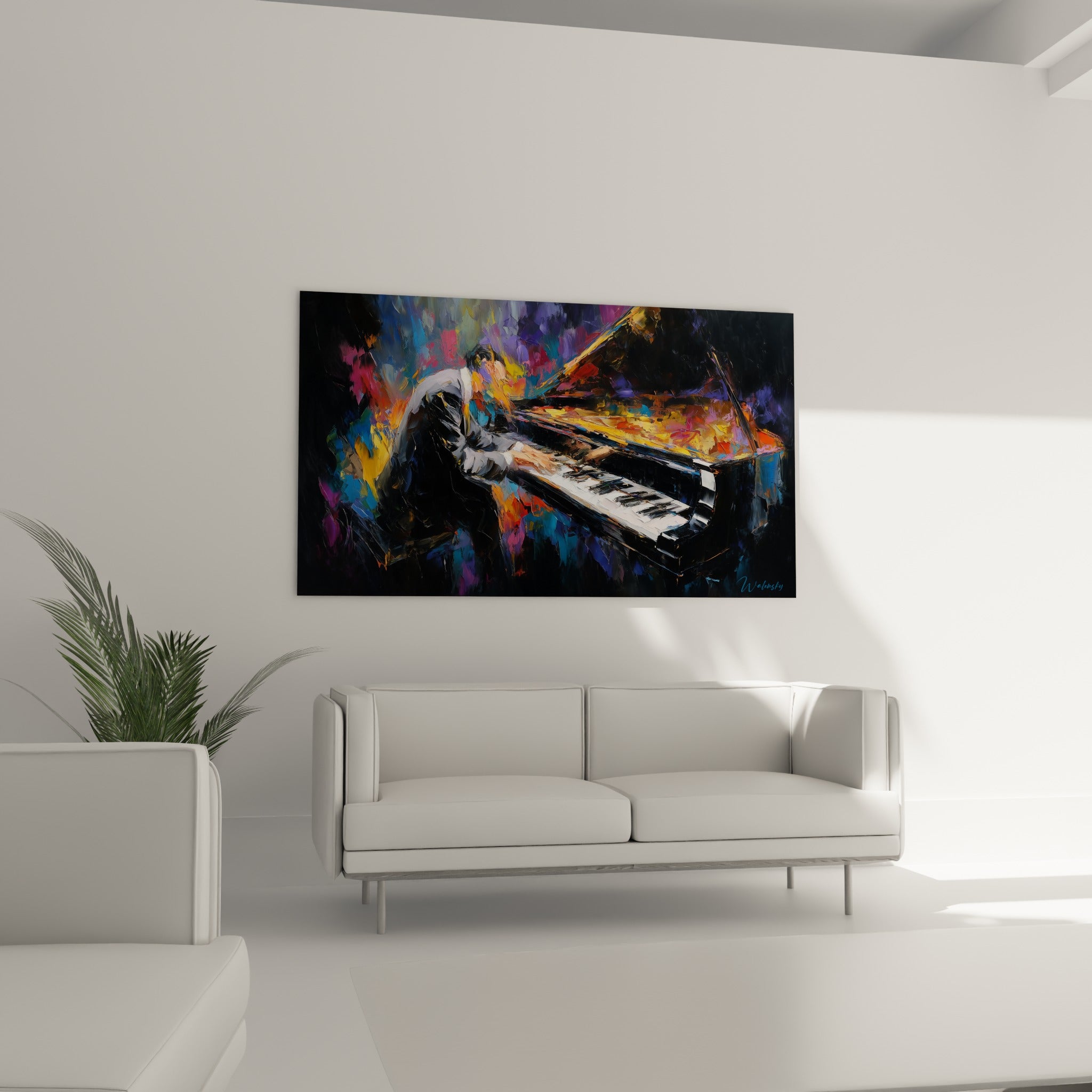 Musicien courbé sur son piano, touches bleu turquoise et ocre, tableau au-dessus d'un canapé dans un salon lumineux