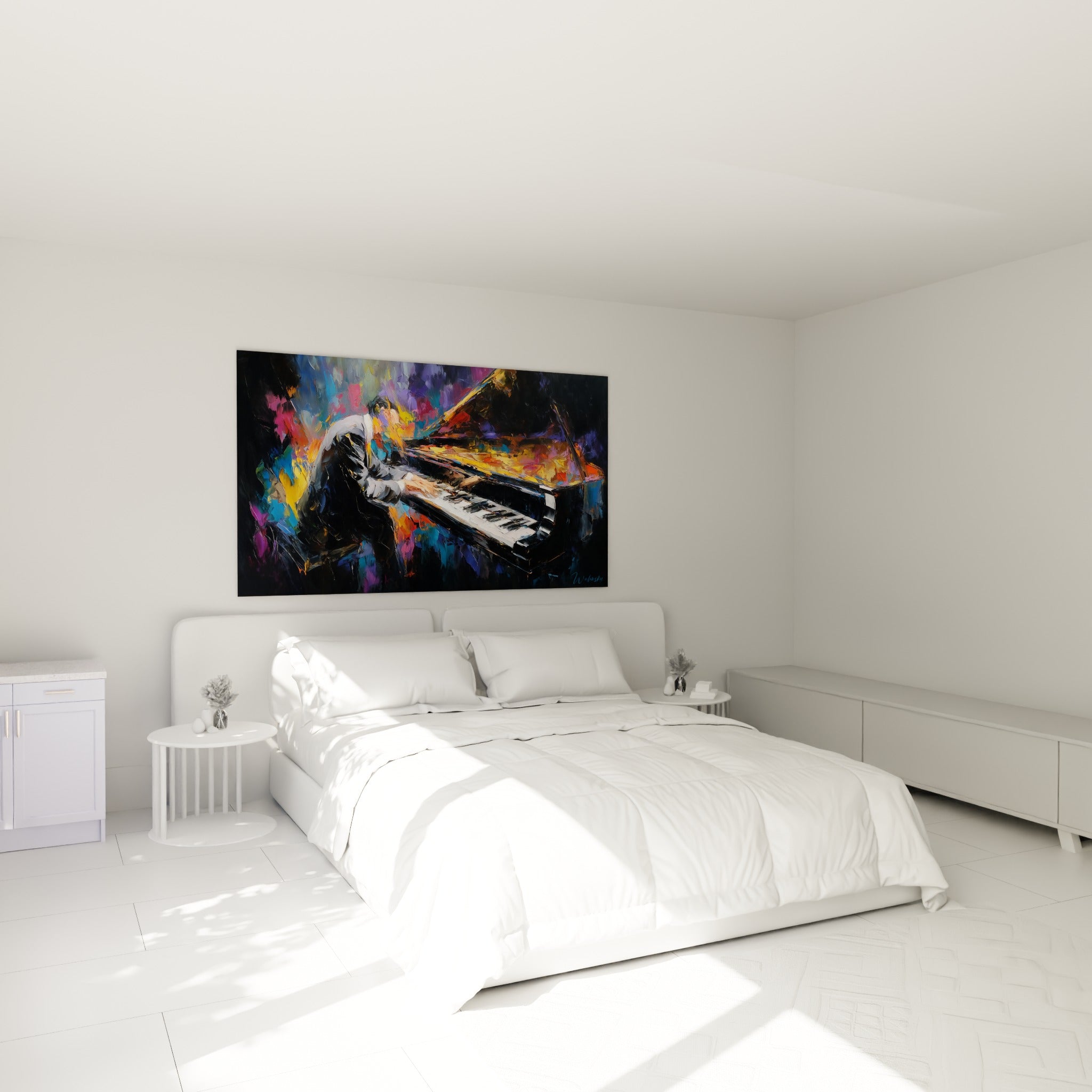 Pianiste absorbé en couleurs turquoise et magenta, tableau Musique au-dessus d'un lit dans une chambre claire