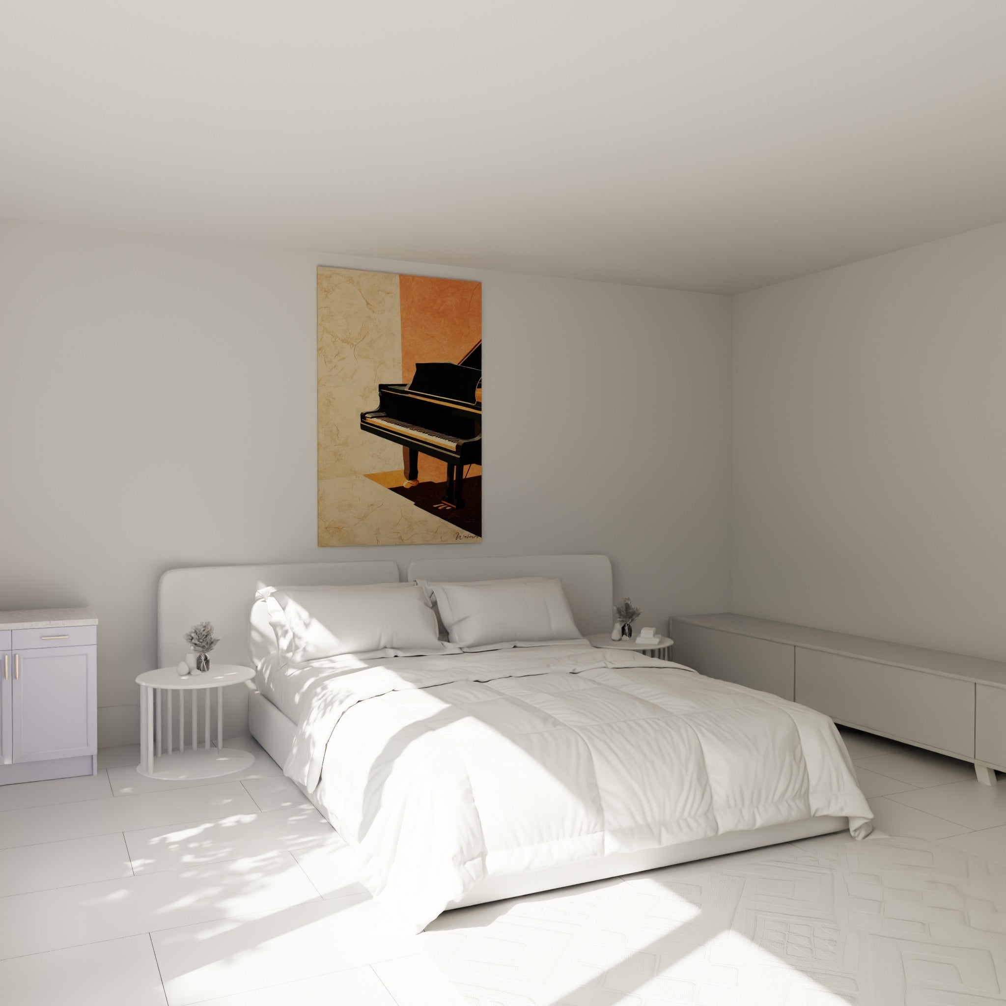 Instrument noir brillant aux touches ivoire, accroché au-dessus d'un lit dans une chambre claire