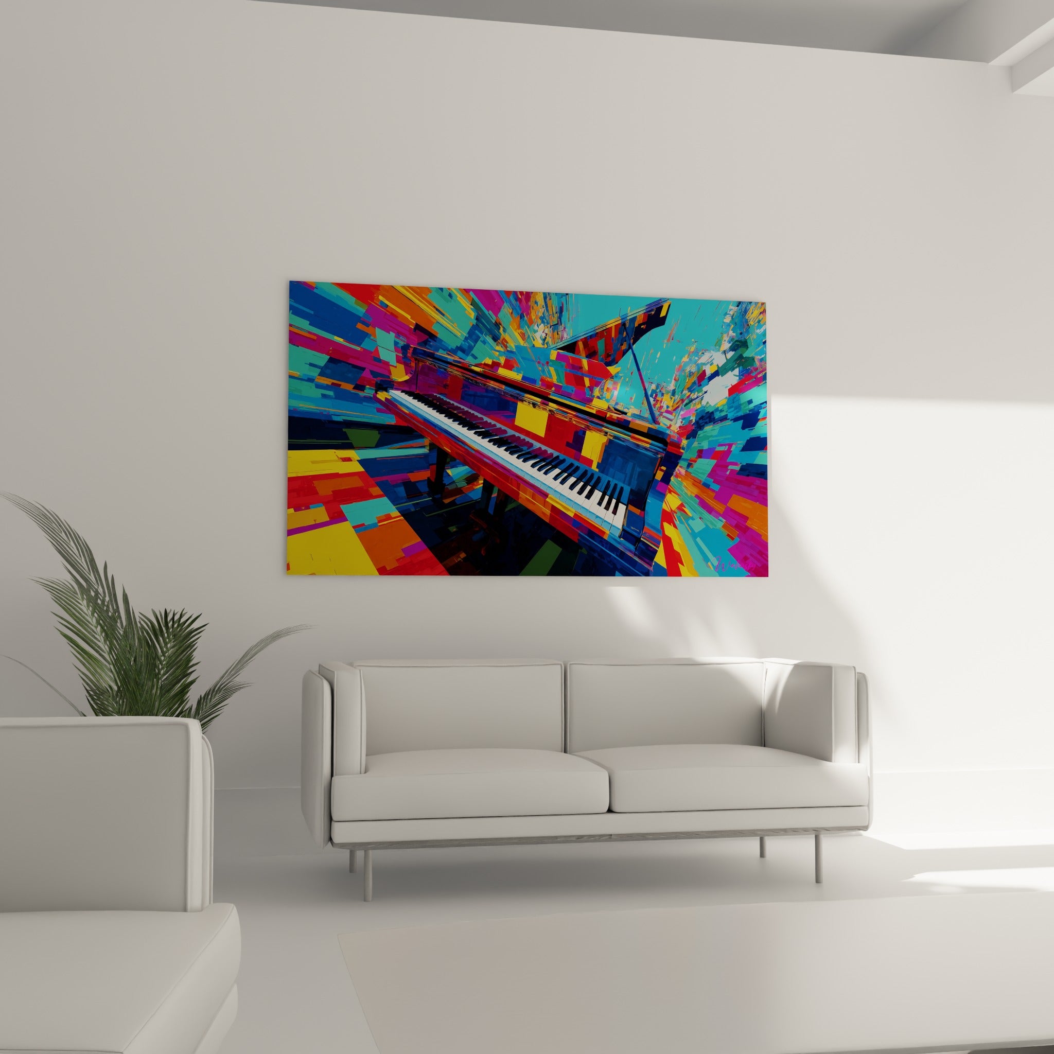 Piano à queue aux tons turquoise et magenta vibrants, disposé au-dessus d'un canapé dans un salon lumineux