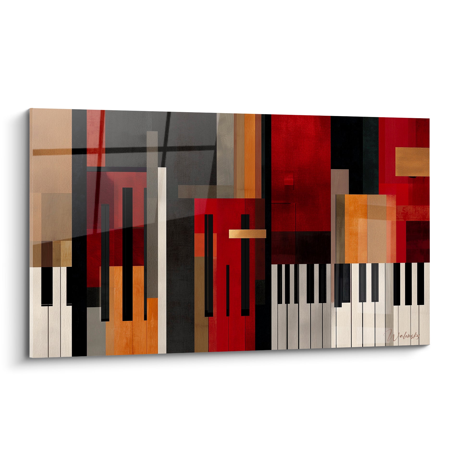 Composition Musique en blocs rouge bordeaux, doré et anthracite avec touches de piano stylisées