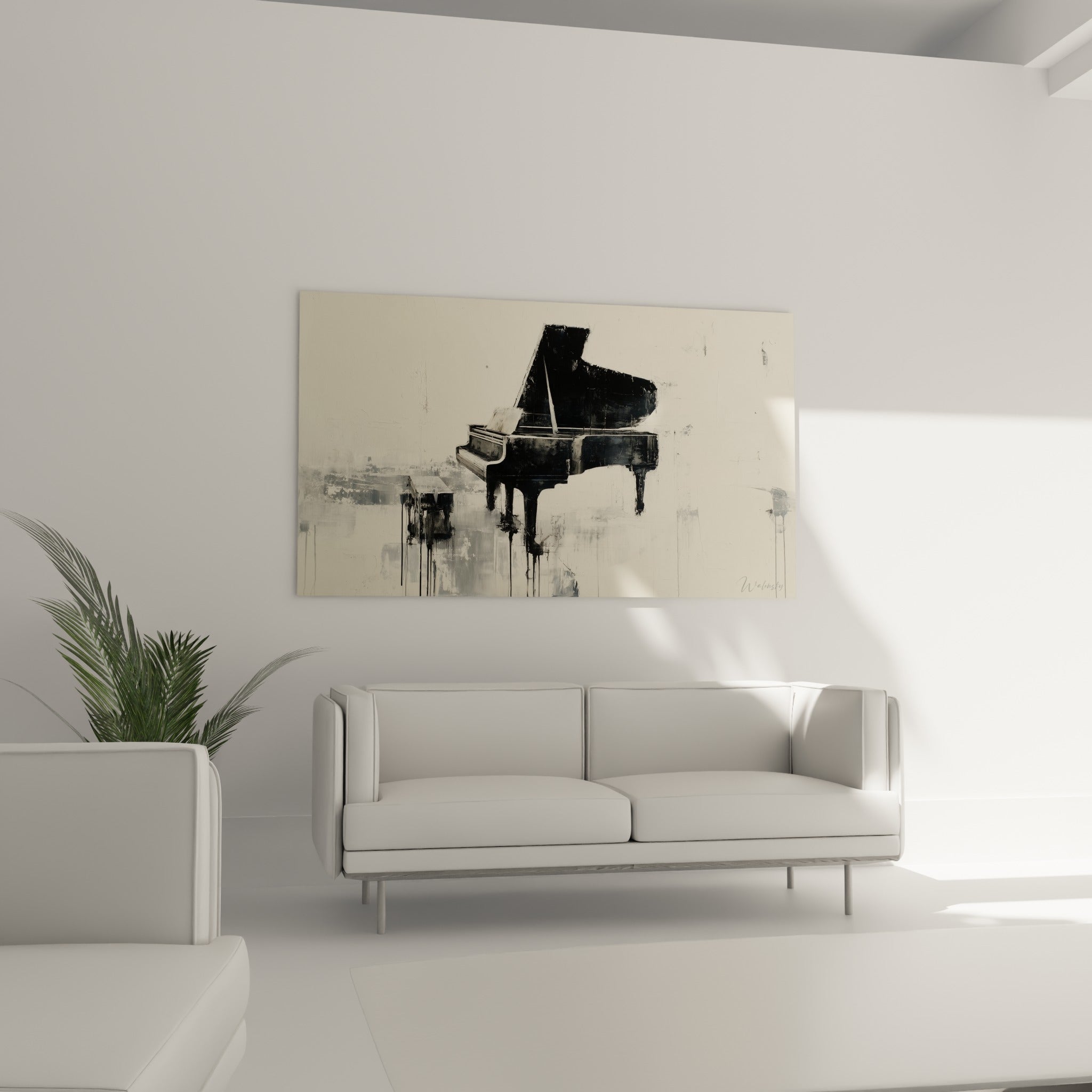 Silhouette de piano noire, empâtements anthracite et fond crème, au-dessus d'un canapé dans un salon lumineux