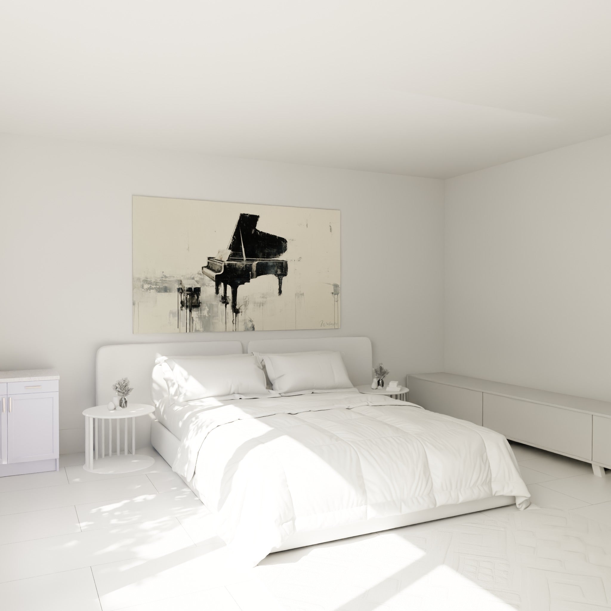 Instrument noir et ivoire aux traits gestuels, accroché au-dessus d'un lit dans une chambre claire