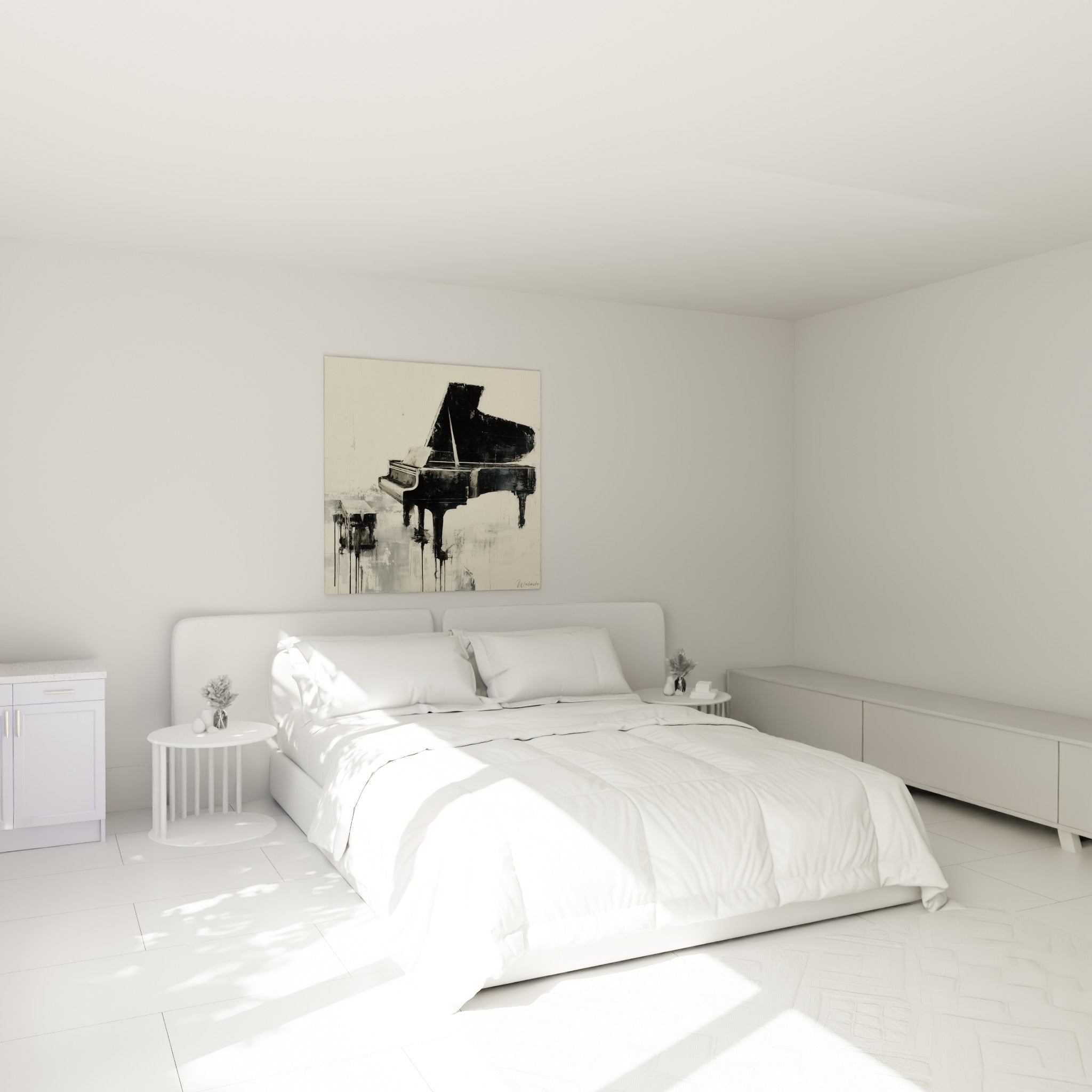 Instrument noir et blanc aux traits vifs, coulures anthracite, au-dessus d'un lit dans une chambre claire