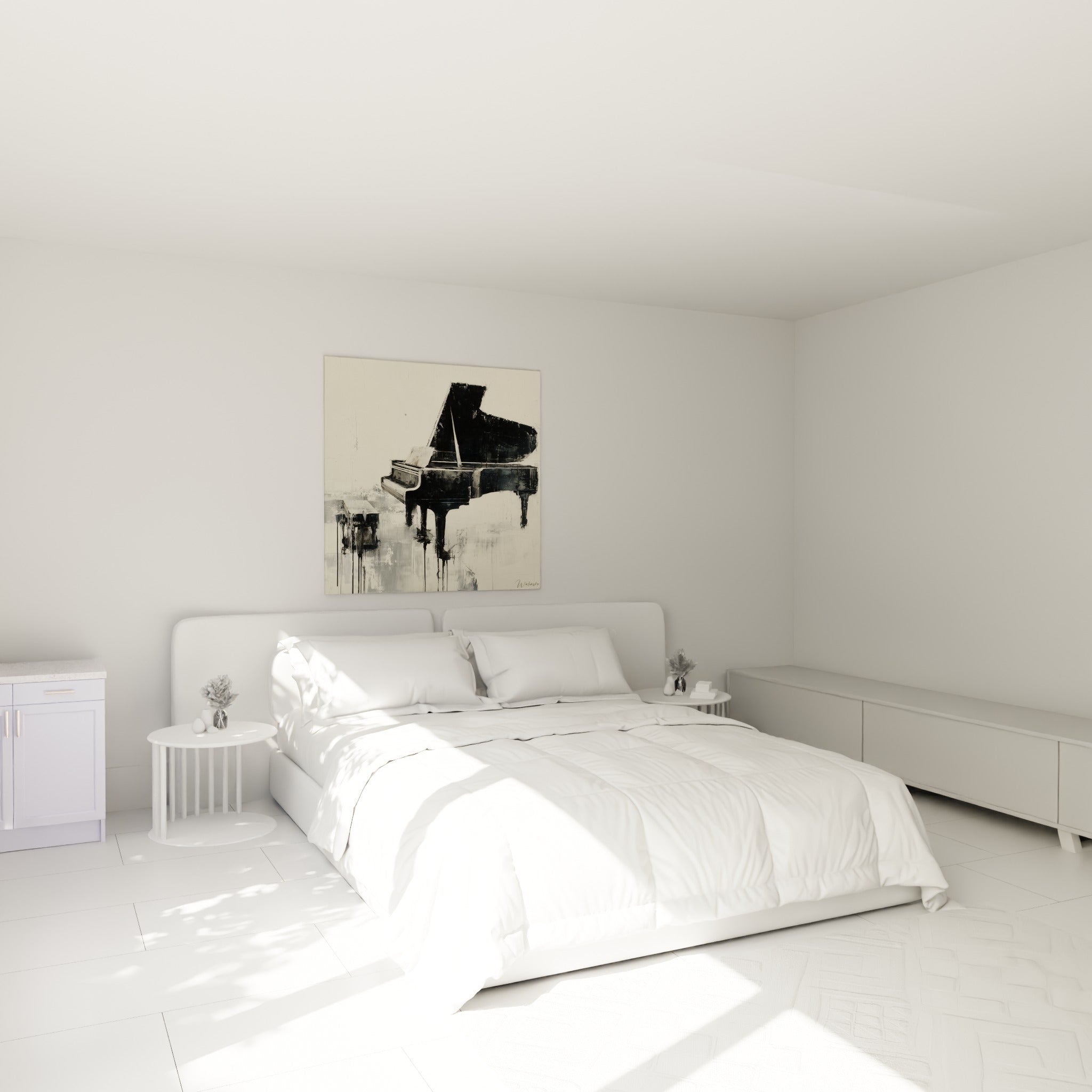 Instrument noir anthracite peint en larges empâtements, tableau Musique au-dessus d'un lit dans une chambre claire