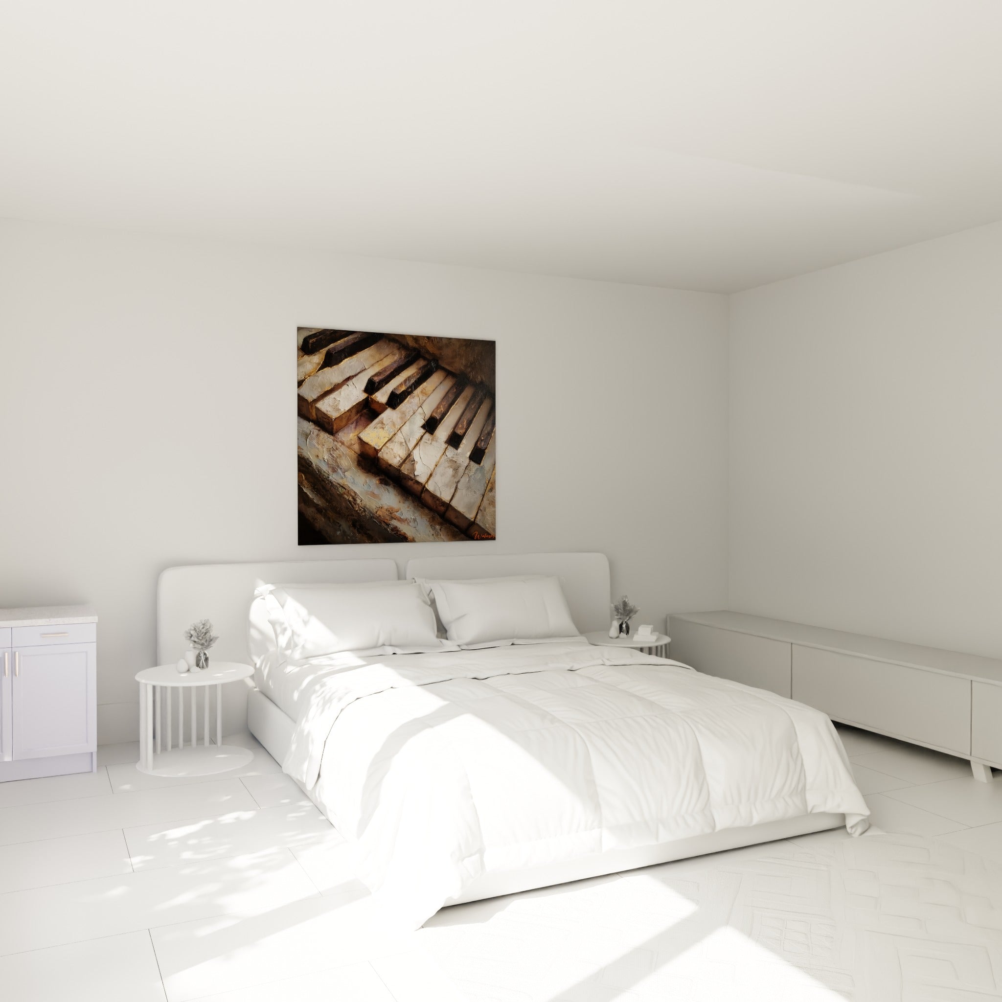Musique aux touches ocre et anthracite patinées, accrochée au-dessus d'un lit dans une chambre claire