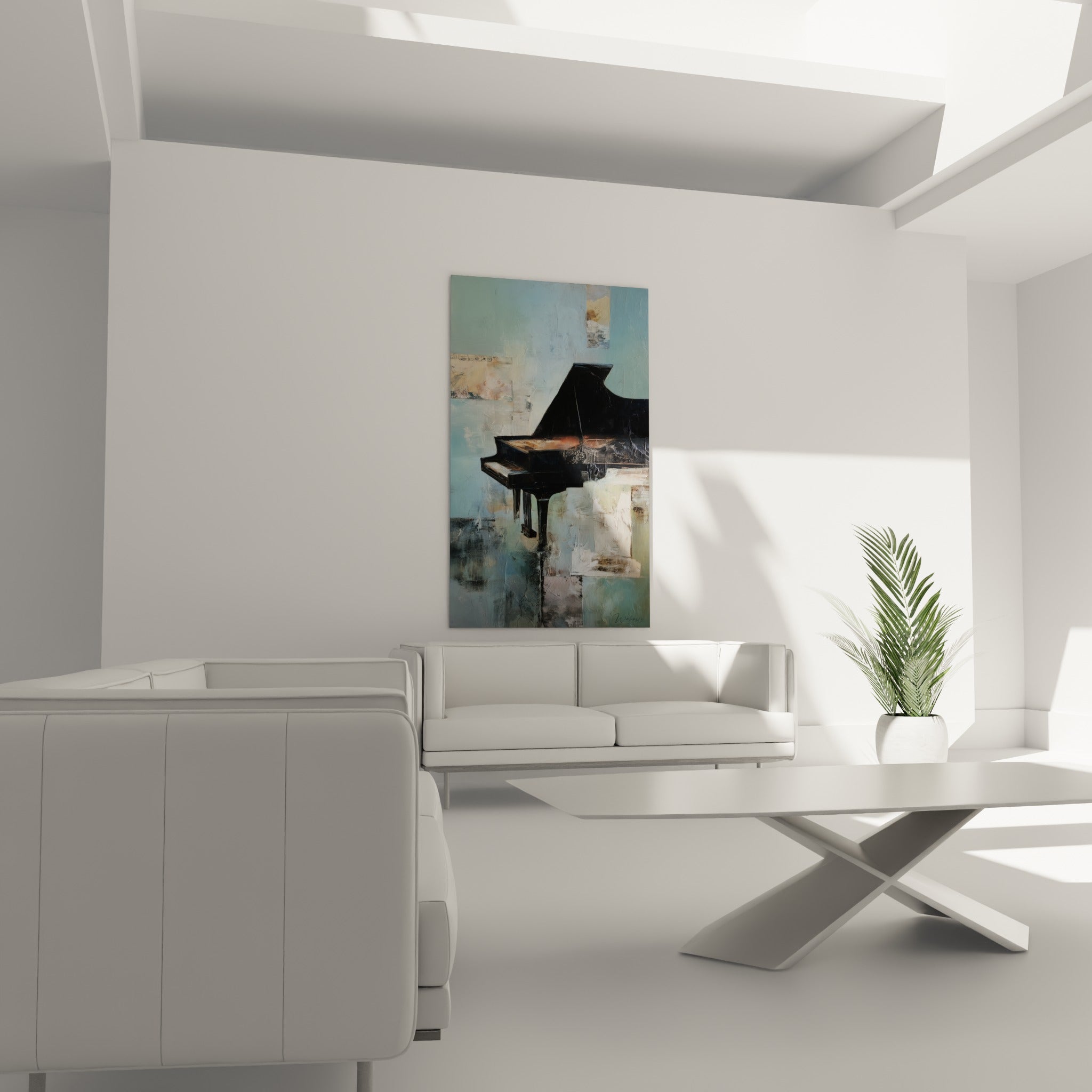 Silhouette de piano noire sur fond bleu gris et beige, matière sculpturale, au-dessus d'un canapé dans un salon lumineux