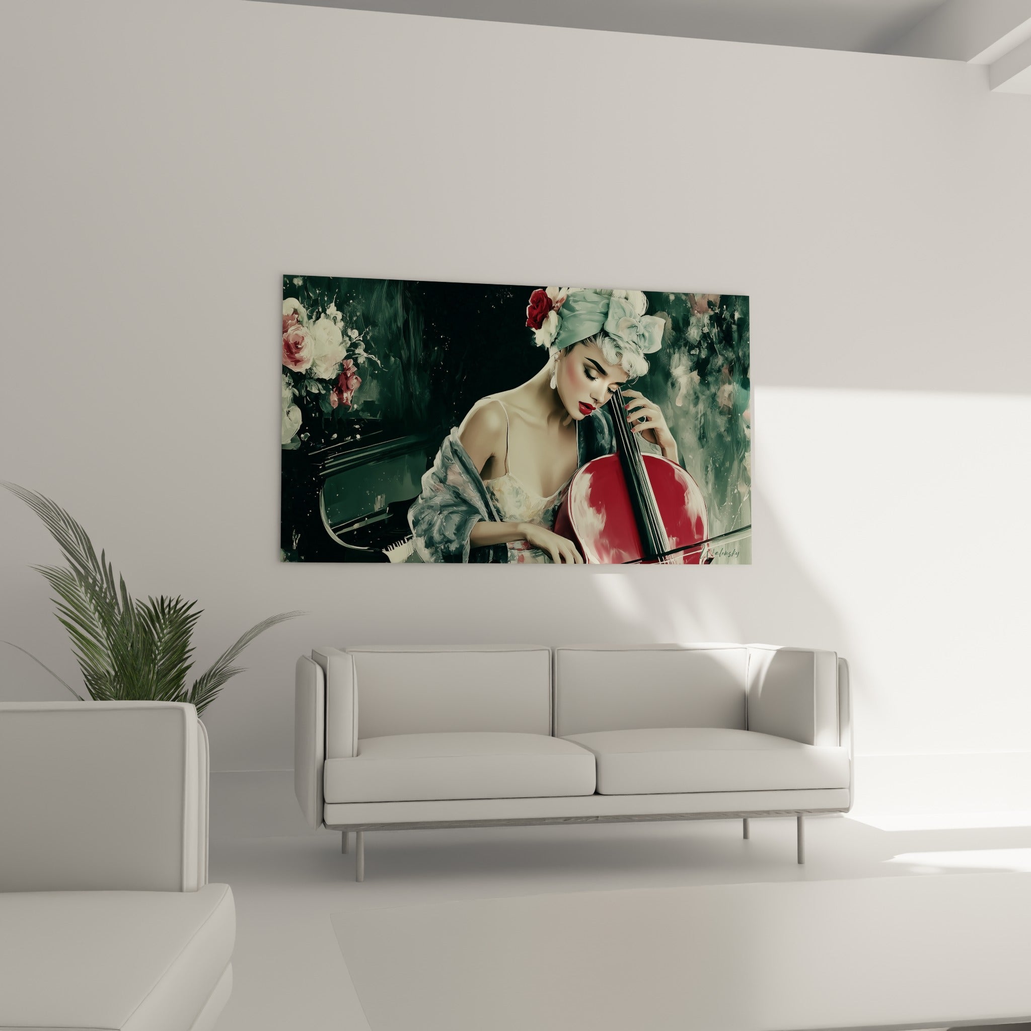 Femme penchée sur son violoncelle rouge parmi des roses roses, au-dessus d'un canapé dans un salon lumineux