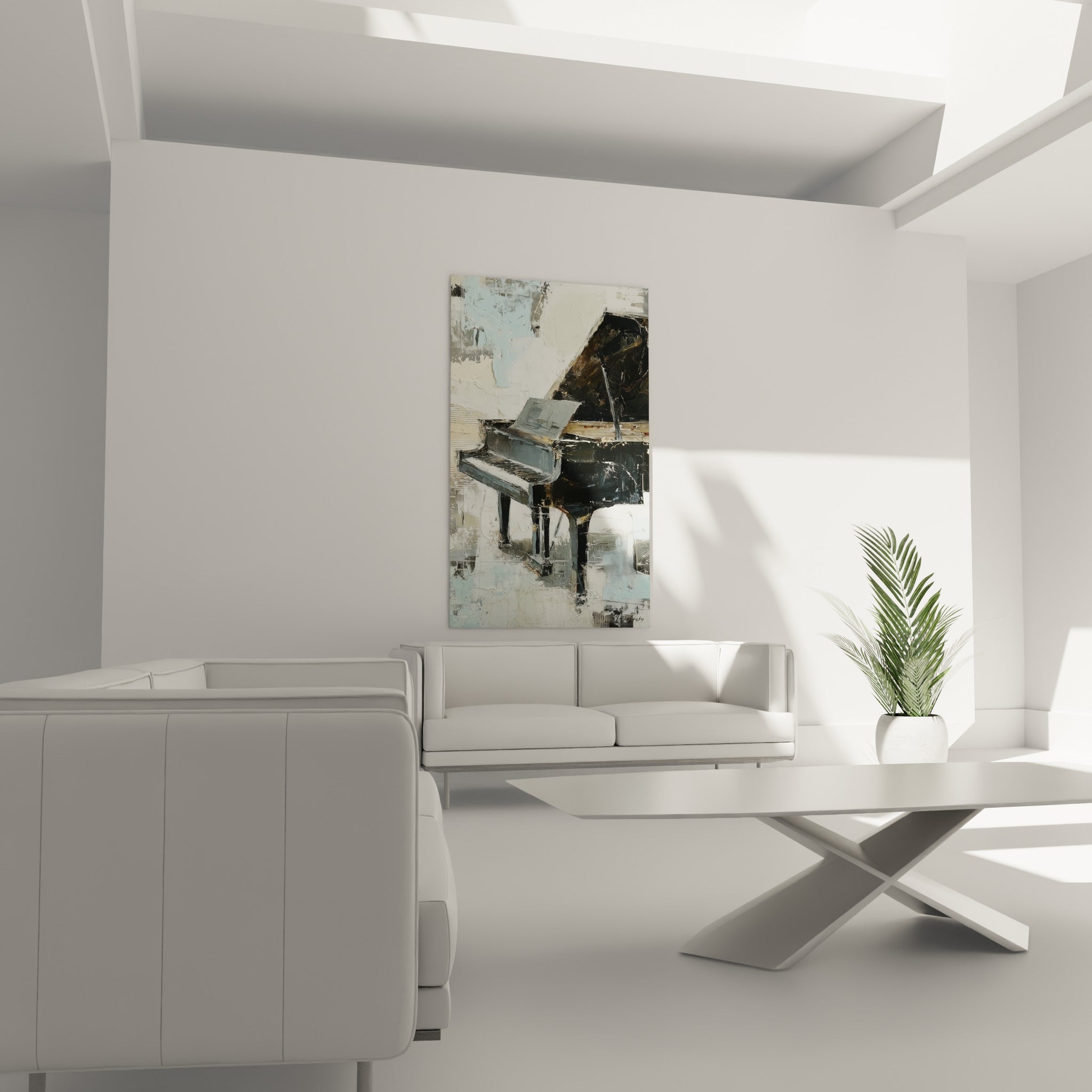 Piano à queue anthracite et ivoire travaillé au couteau, au-dessus d'un canapé dans un salon lumineux