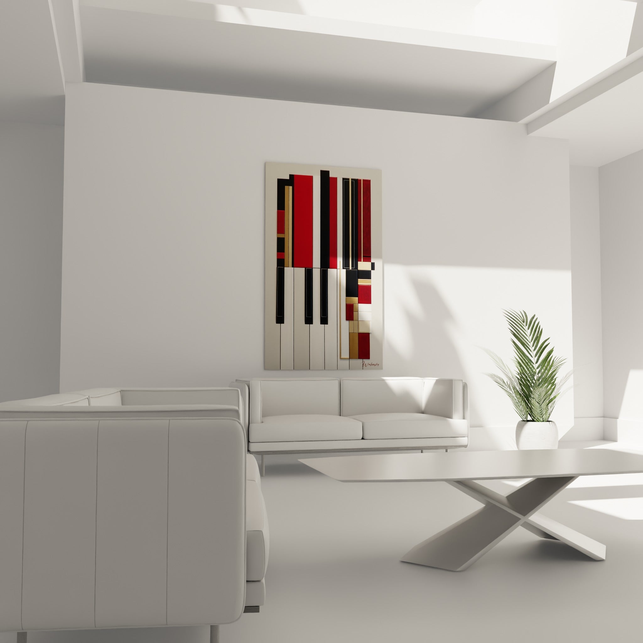 Composition piano rouge bordeaux et anthracite aux accents dorés au-dessus d'un canapé dans un salon lumineux