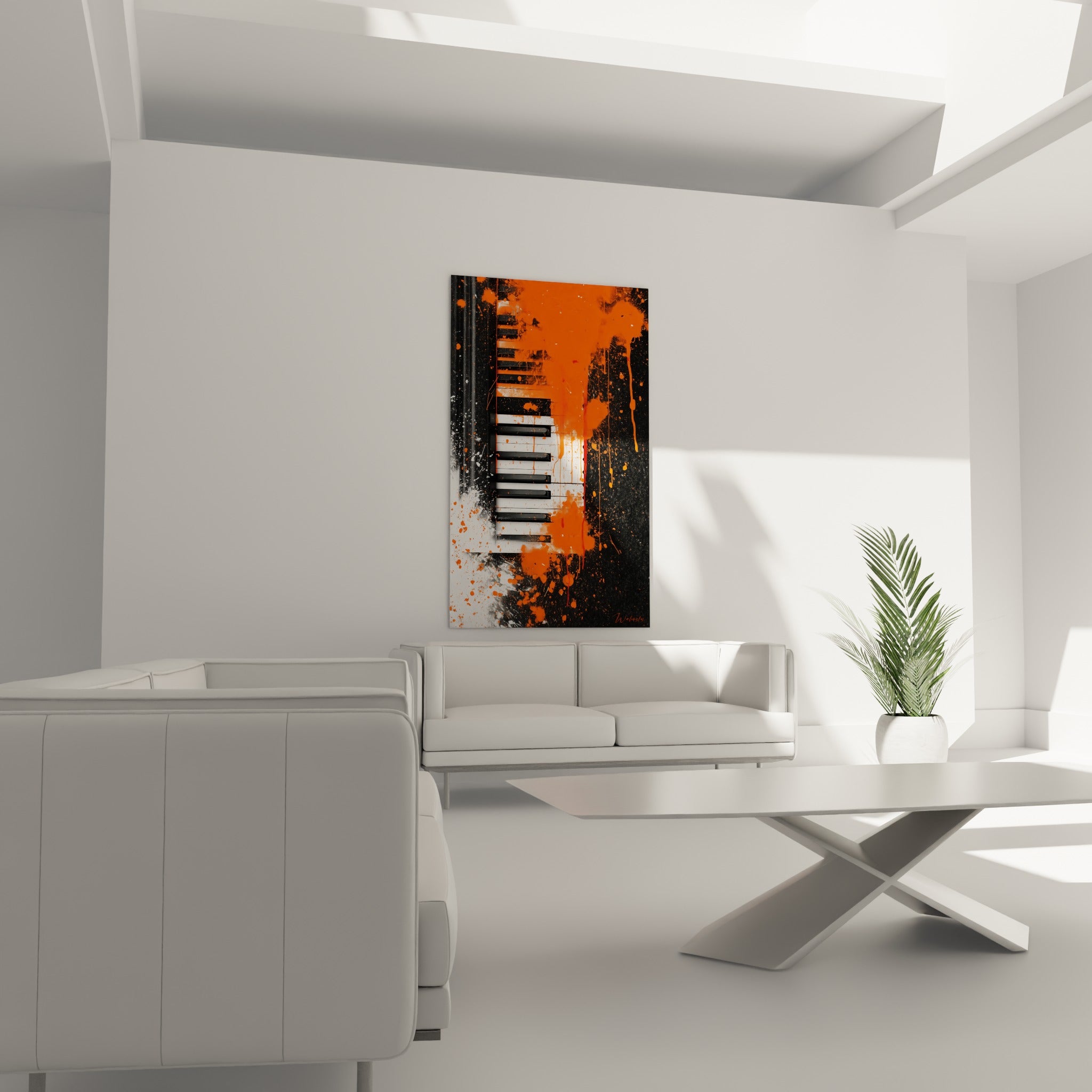 Piano abstrait aux coulures orange et noires, suspendu au-dessus d'un canapé dans un salon lumineux