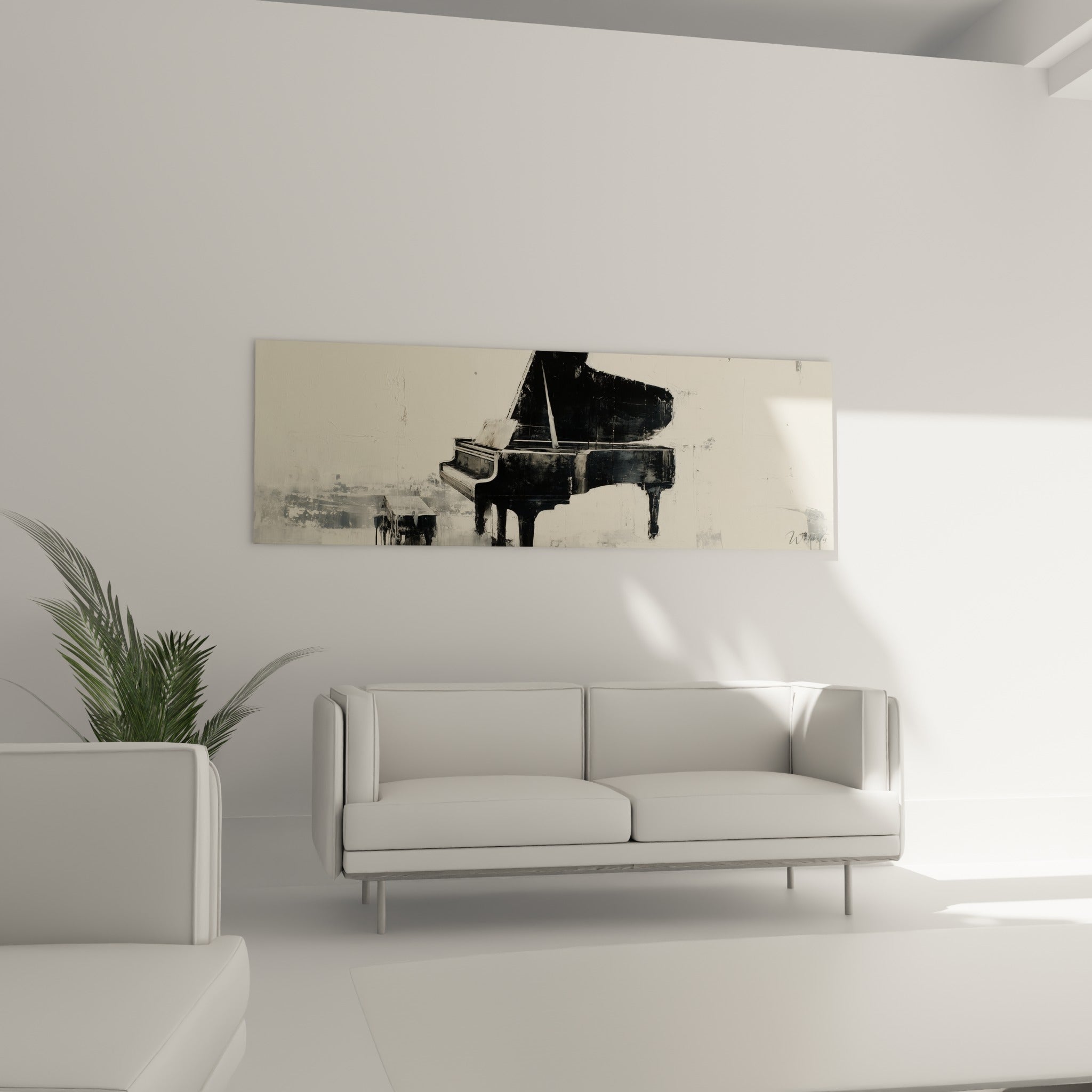 Silhouette du piano en noir profond sur fond beige clair, accrochée au-dessus d'un canapé dans un salon lumineux