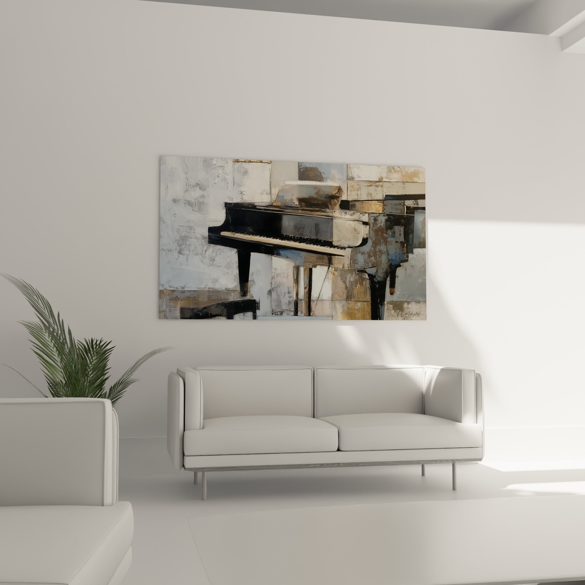 Silhouette d'un piano noir sur fond fragmenté gris et or, au-dessus d'un canapé dans un salon lumineux