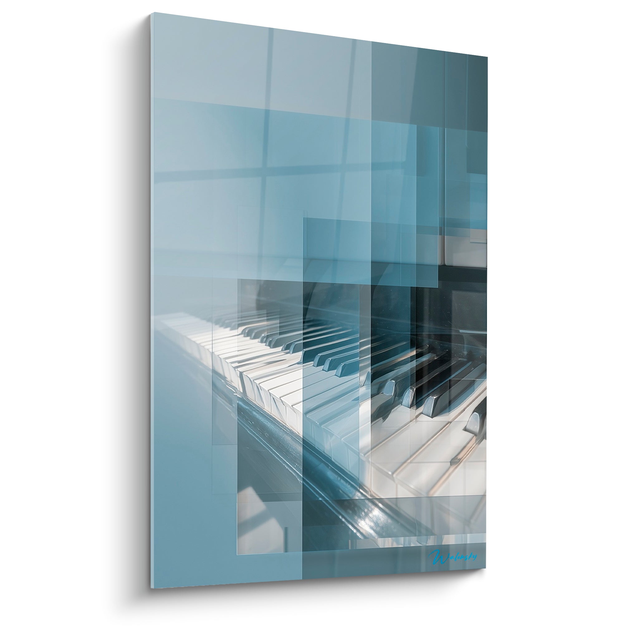 Clavier de piano en bleu ardoise et blanc, fragmenté par des calques géométriques translucides lumineux