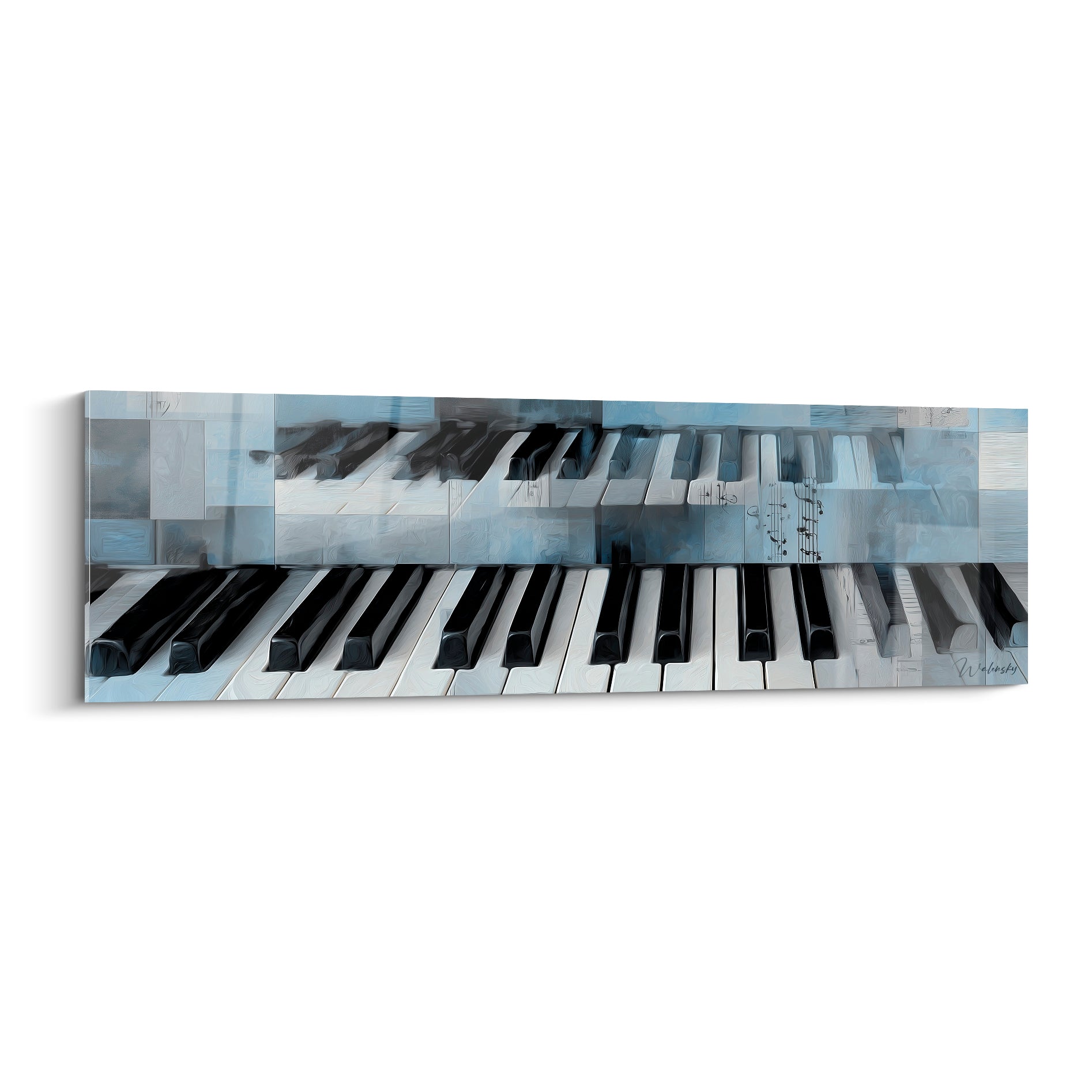 Clavier de piano aux touches noir laqué et blanc pur sur fond bleu ardoise texturé