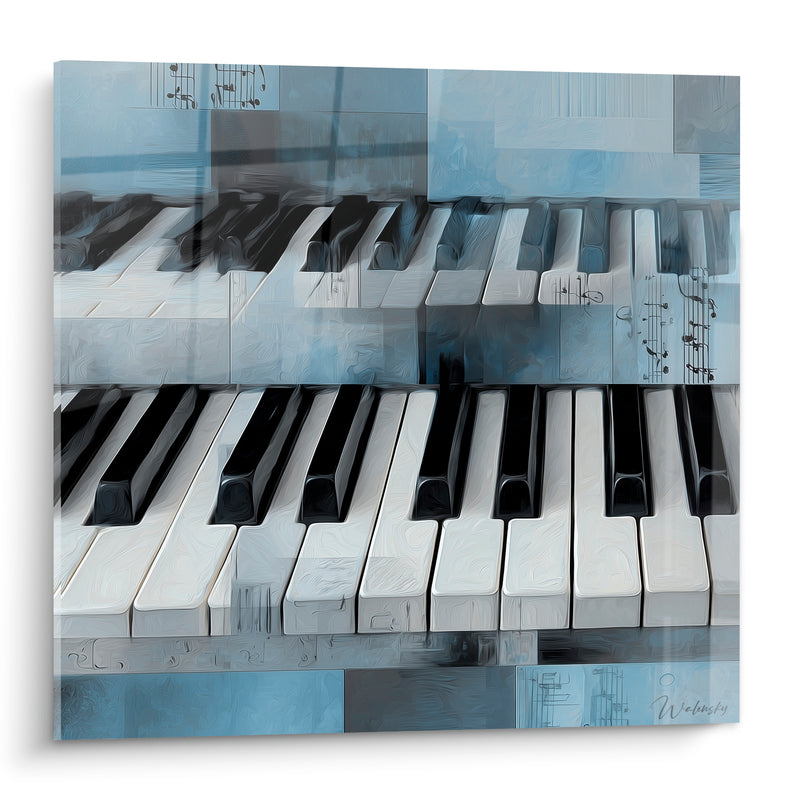 Tableau Musique bleu gris et noir doubles claviers superposés - Partitions manuscrites en fond - Edition Musique