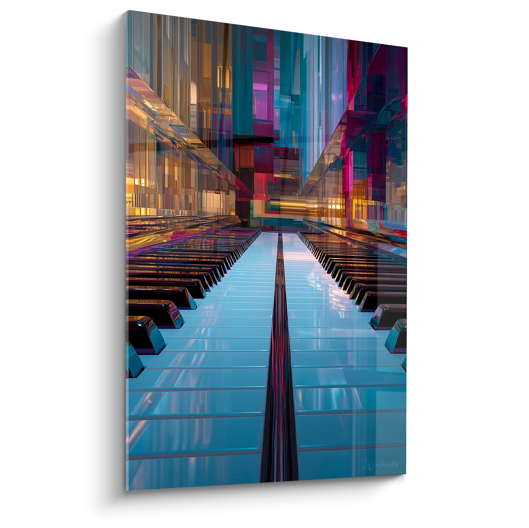Clavier de piano en perspective infinie, touches bleu acier et noires, fond doré et fuchsia vibrant