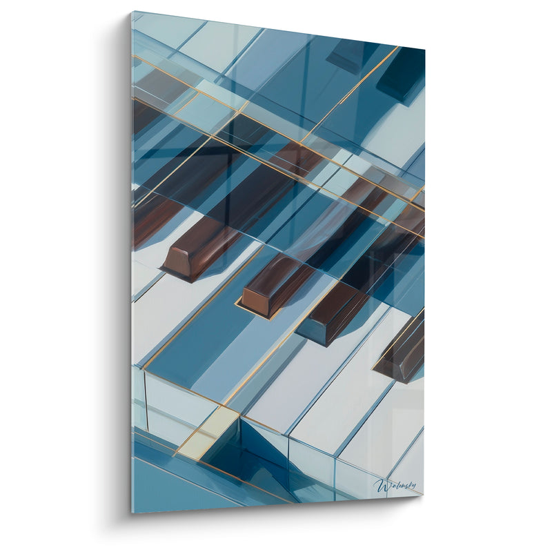 Tableau Musique bleu acier et brun lignes dorées entrecroisées - Reflets architecturaux obliques - Edition Musique