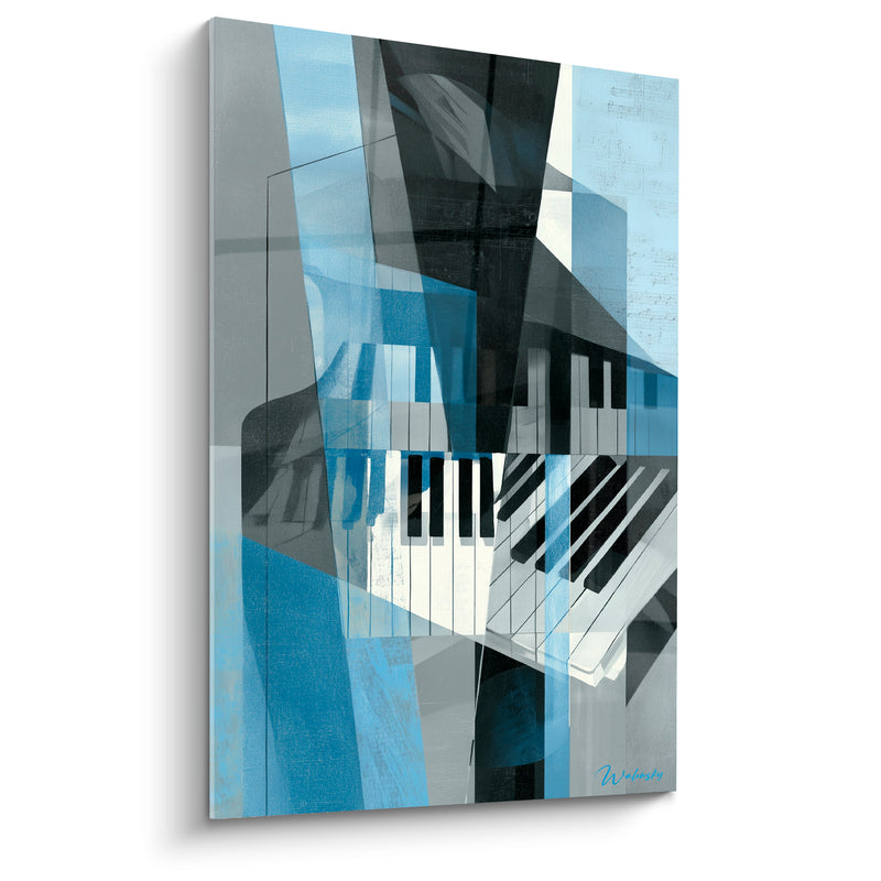 Tableau Musique bleu ardoise et gris claviers superposés cubistes - Fragments géométriques entrelacés - Edition Musique
