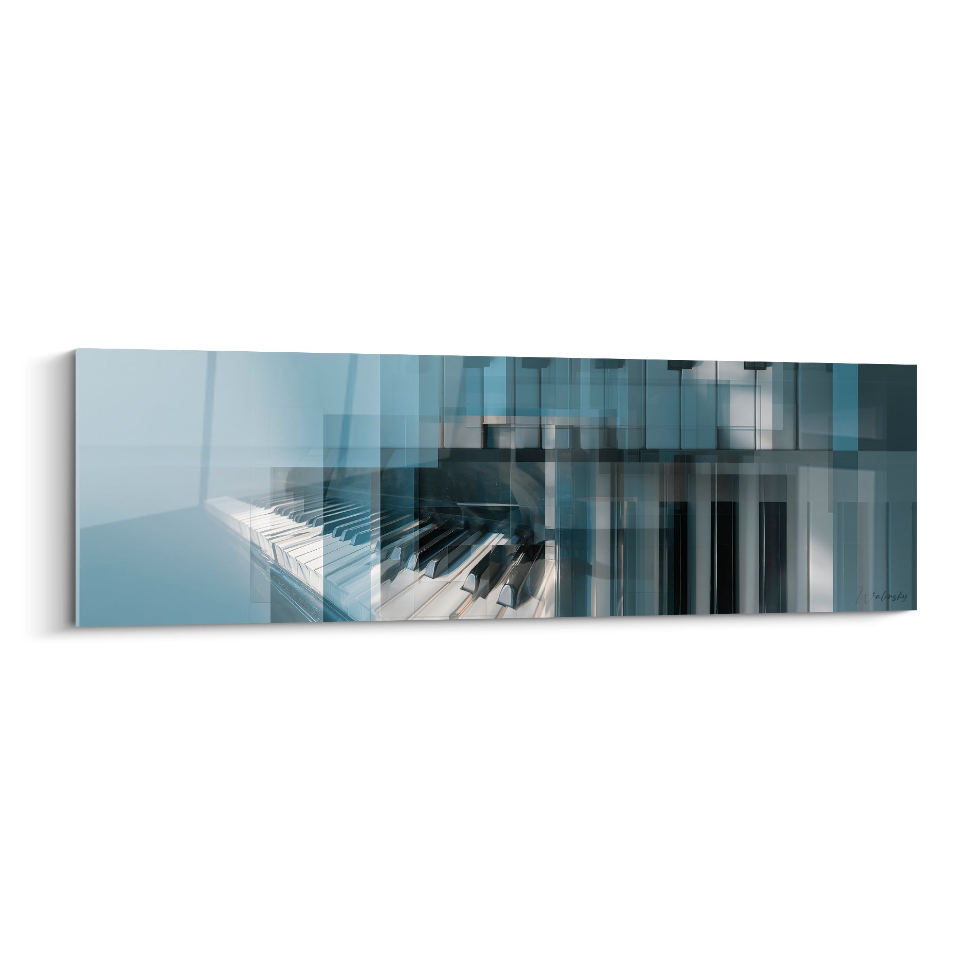 Piano fragmenté en bleu marine et anthracite, clavier net entouré de calques translucides