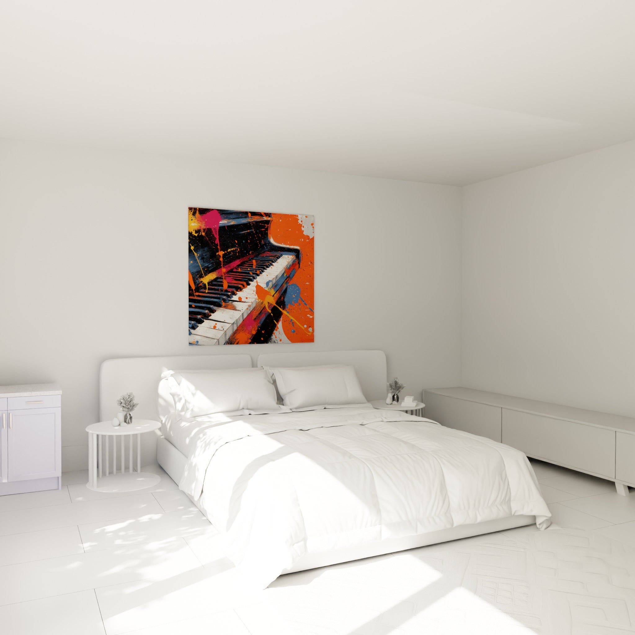Clavier musical zébré d'orange et de bleu marine au-dessus d'un lit dans une chambre claire