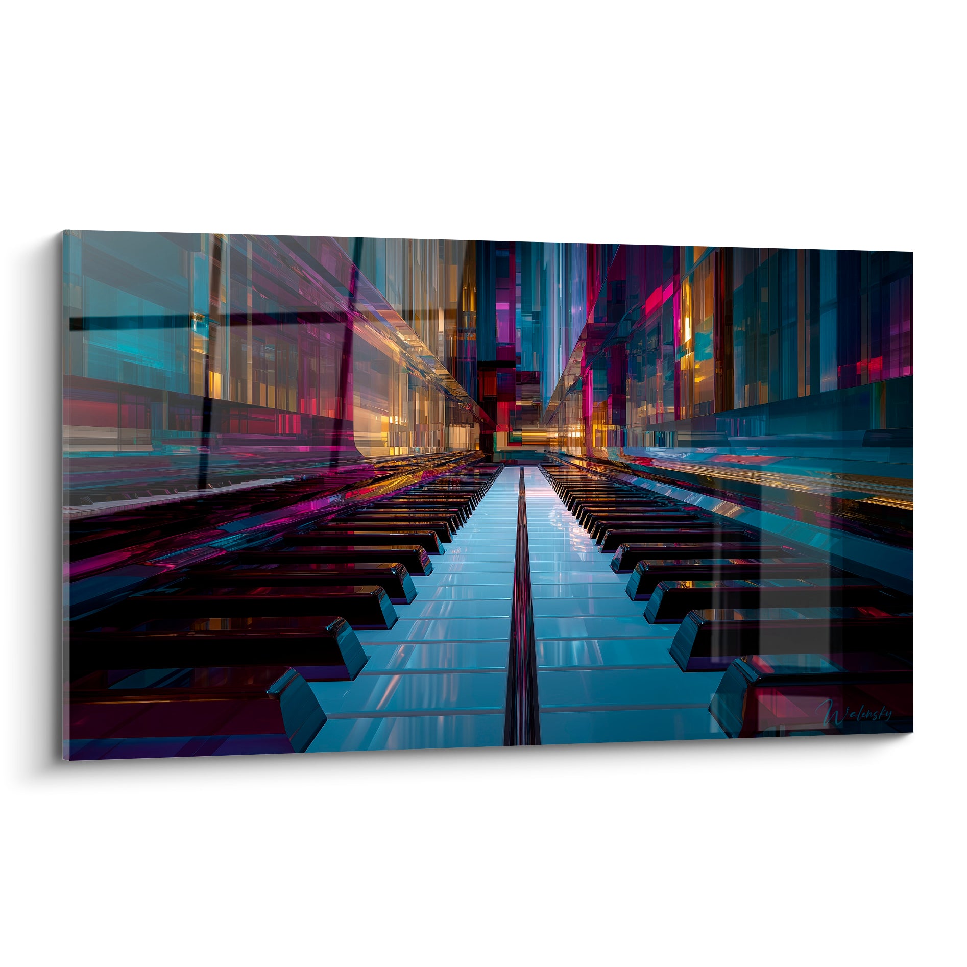 Clavier de piano fusionné à une skyline bleu nuit et magenta, perspective fuyante et reflets dorés