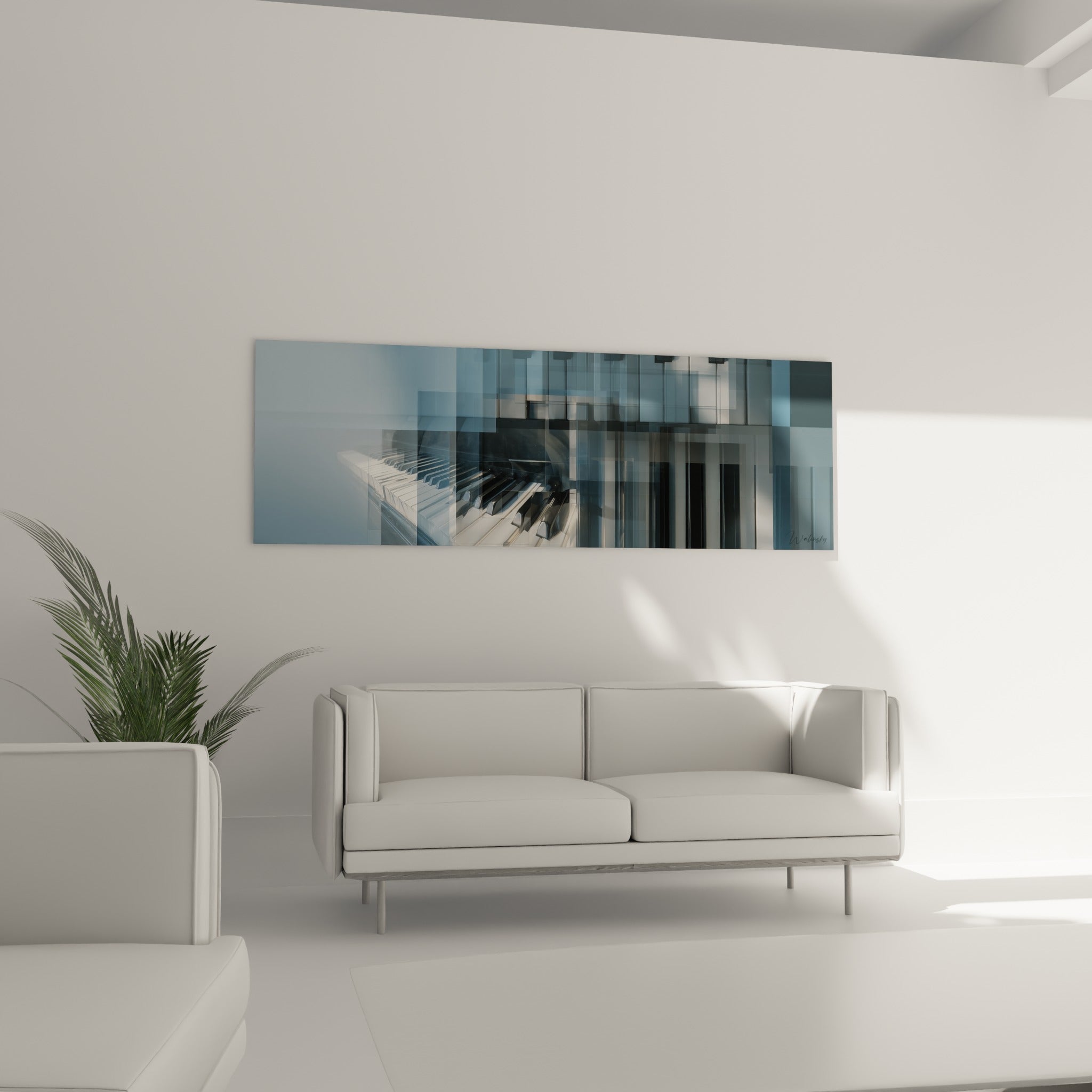 Touches de piano anthracite et bleu pastel superposées, au-dessus d'un canapé dans un salon lumineux