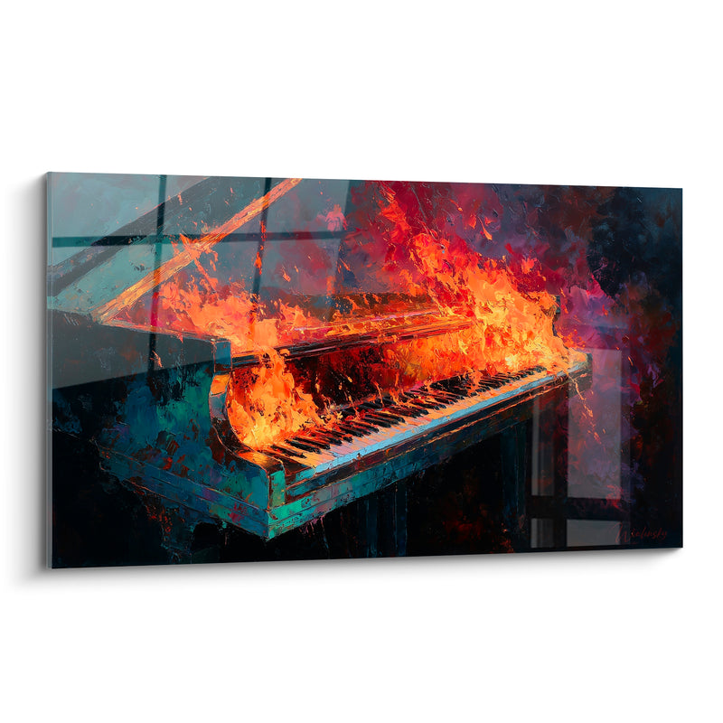 Tableau piano à queue bleu pétrole flammes orange - Ivresse incandescente - Edition Musique