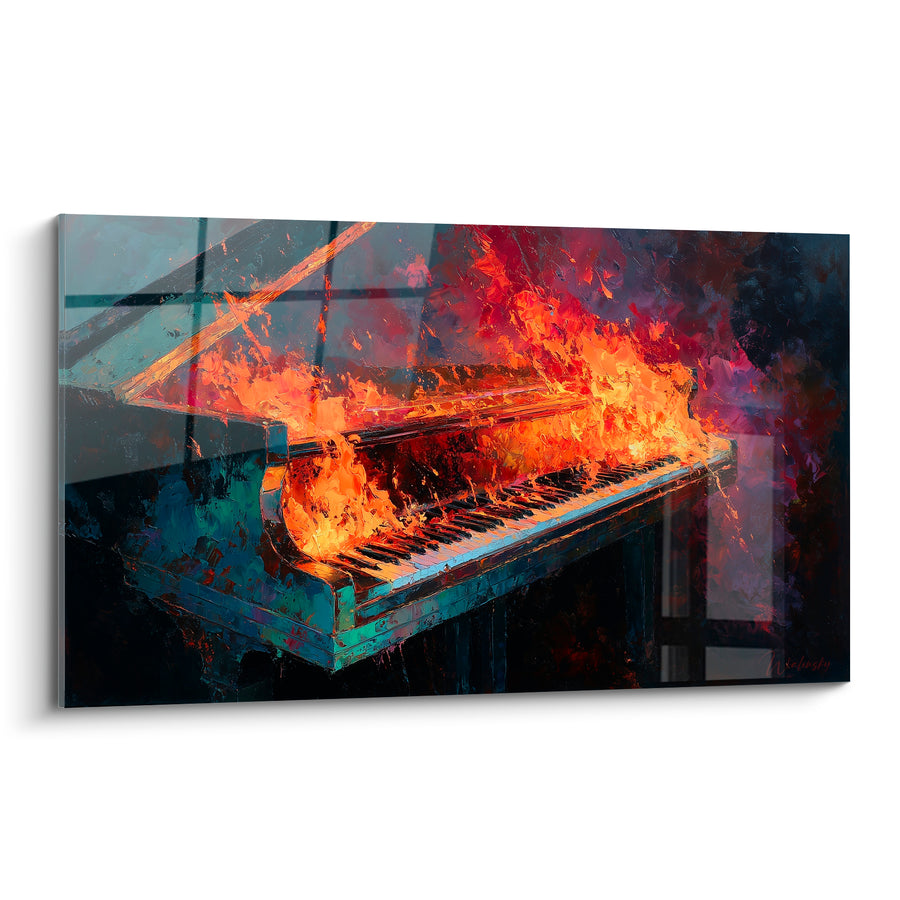 Tableau piano à queue bleu pétrole flammes orange - Ivresse incandescente - Edition Musique
