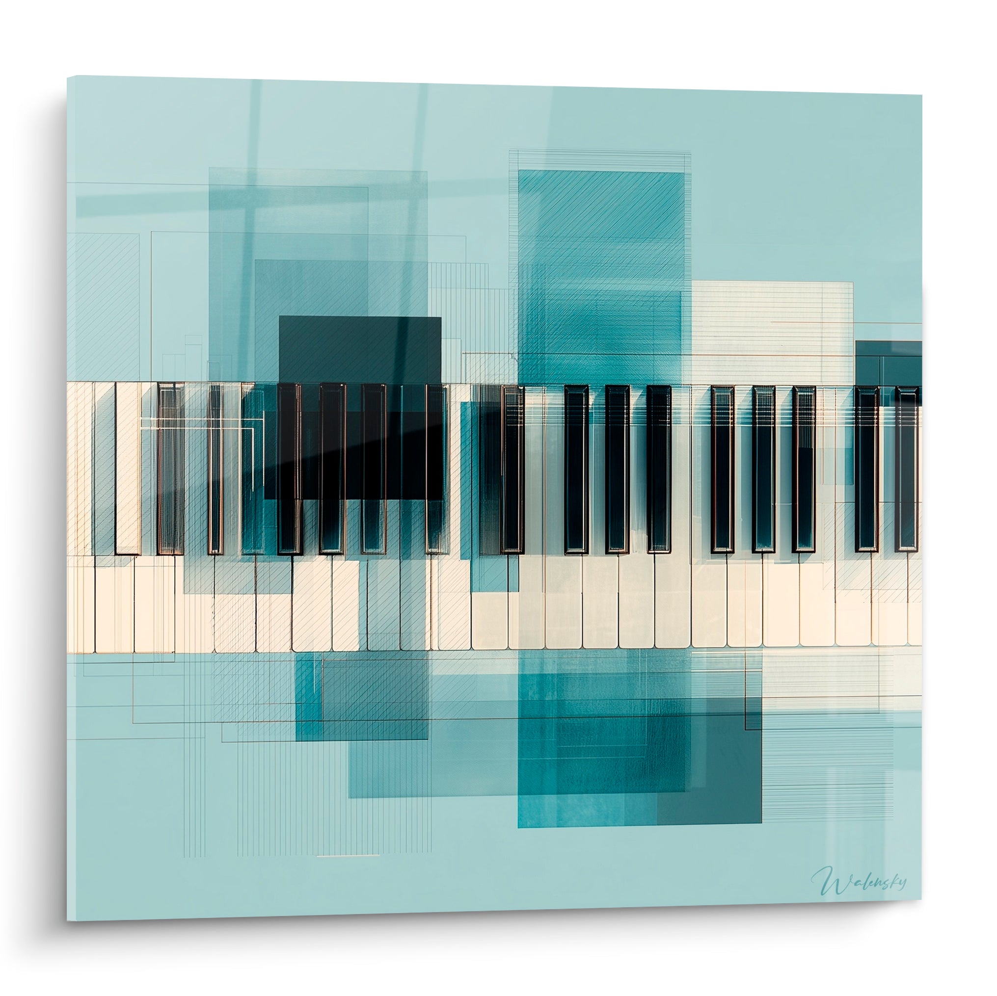 Clavier de piano stylisé en bleu poudré, touches ivoire et noires, composition géométrique architecturale