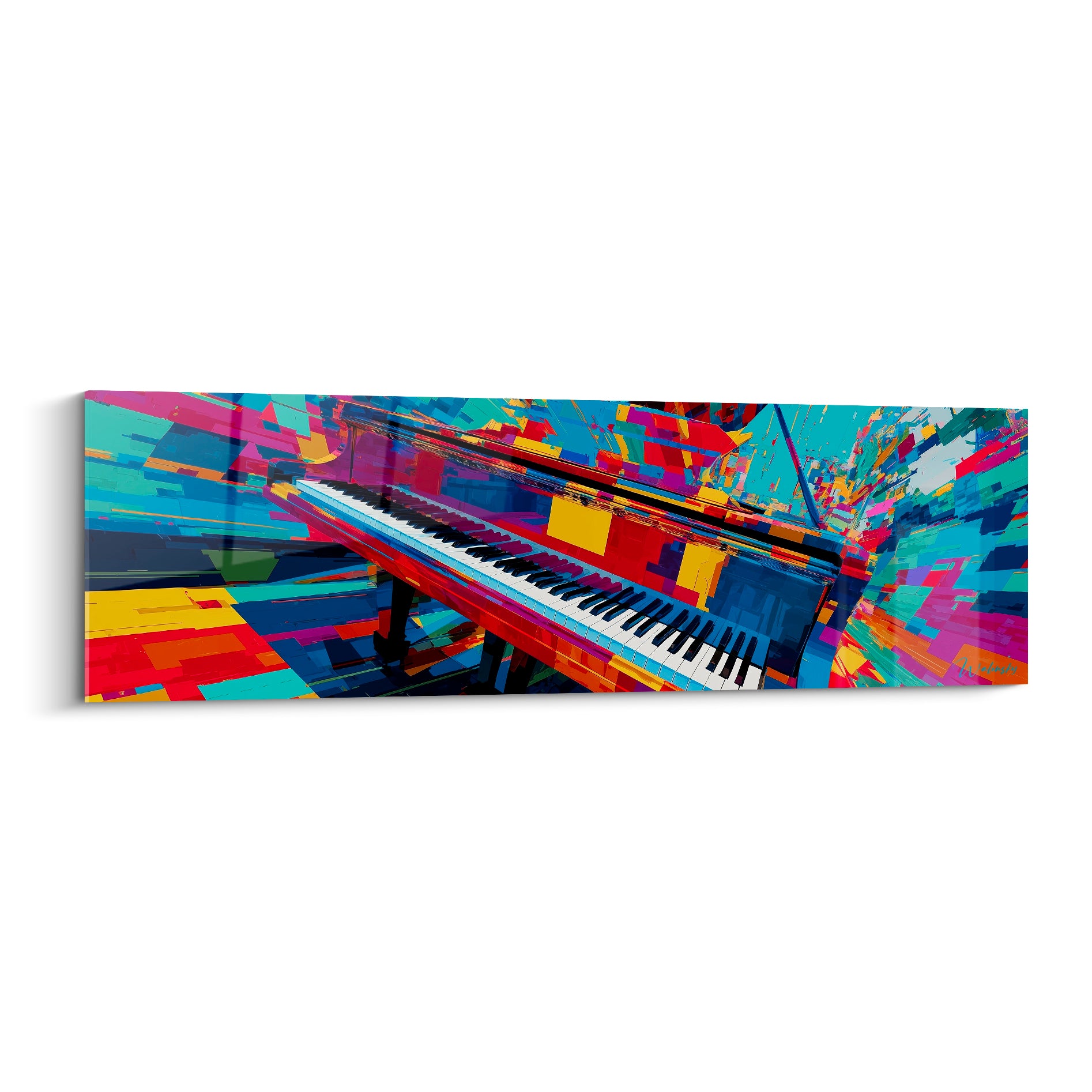 Piano fragmenté en bleu turquoise et rouge écarlate, clavier noir et blanc, style cubiste éclaté