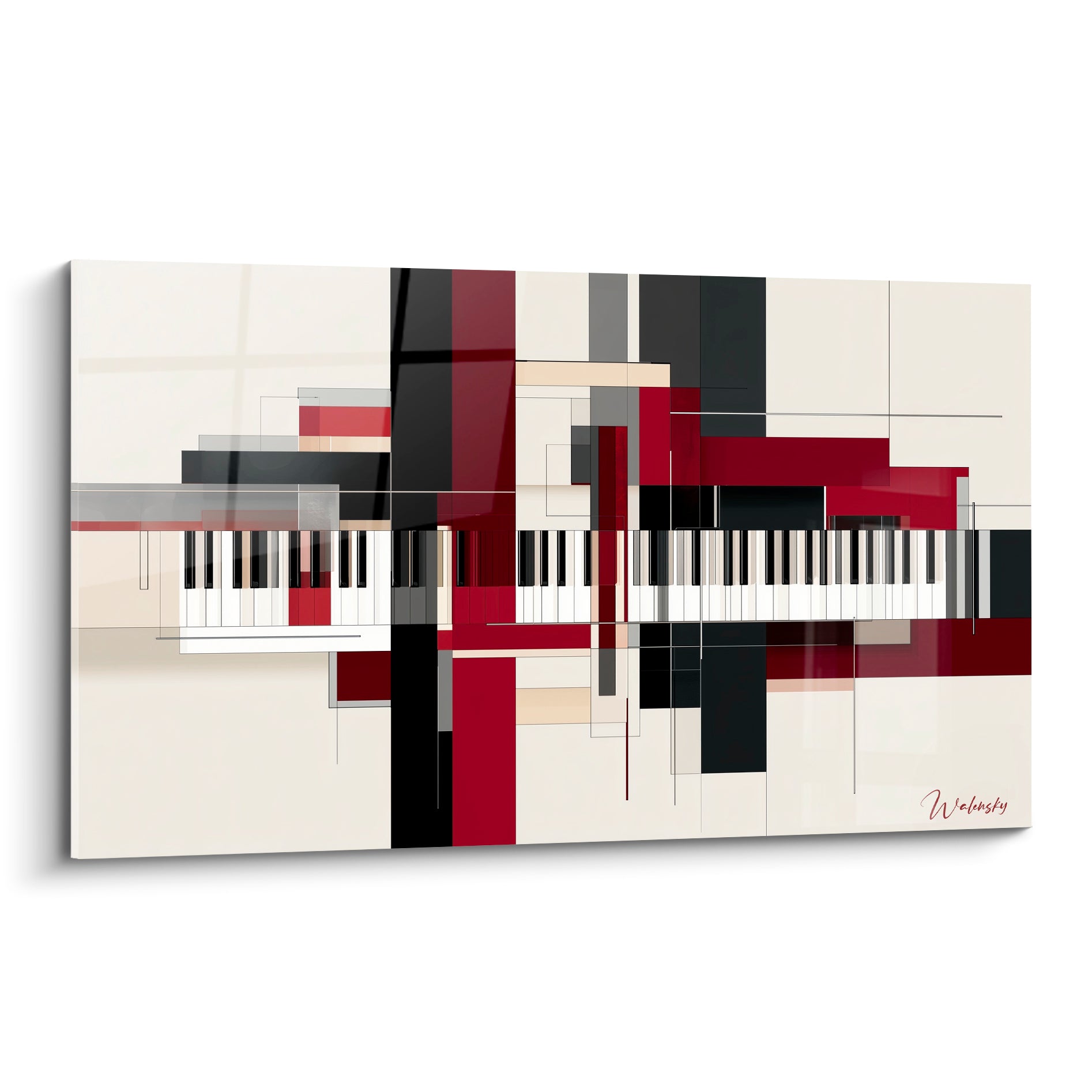 Clavier de piano fragmenté en rouge bordeaux, anthracite et crème, composition géométrique moderne