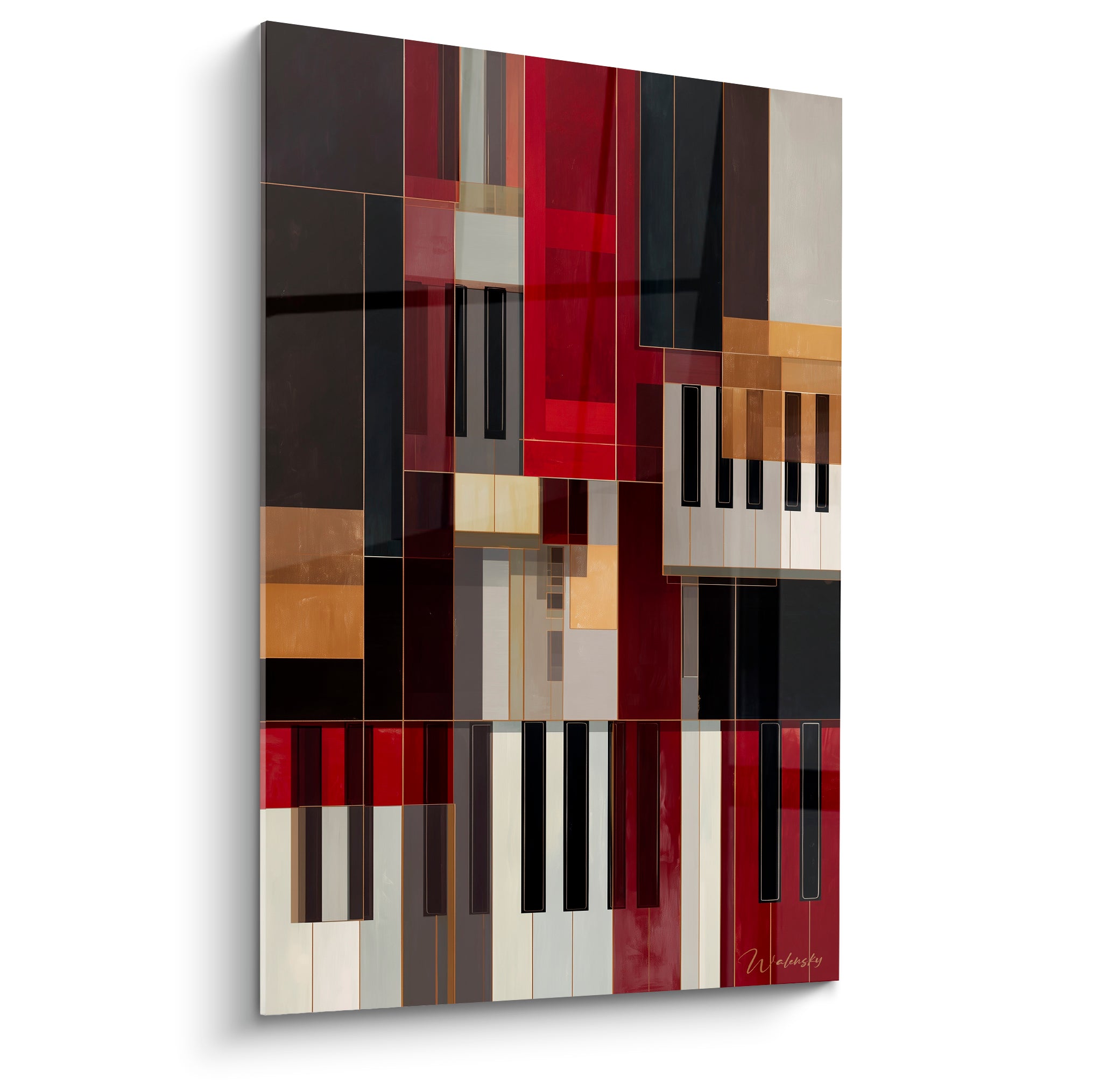 Musique en touches de piano fragmentées, rouge bordeaux, doré et anthracite entrelacés