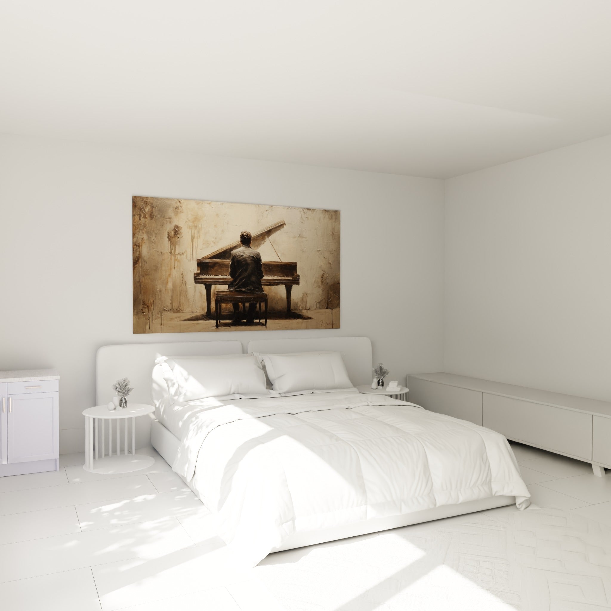 Pianiste anthracite au piano brun, tableau Musique accroché au-dessus d'un lit dans une chambre claire