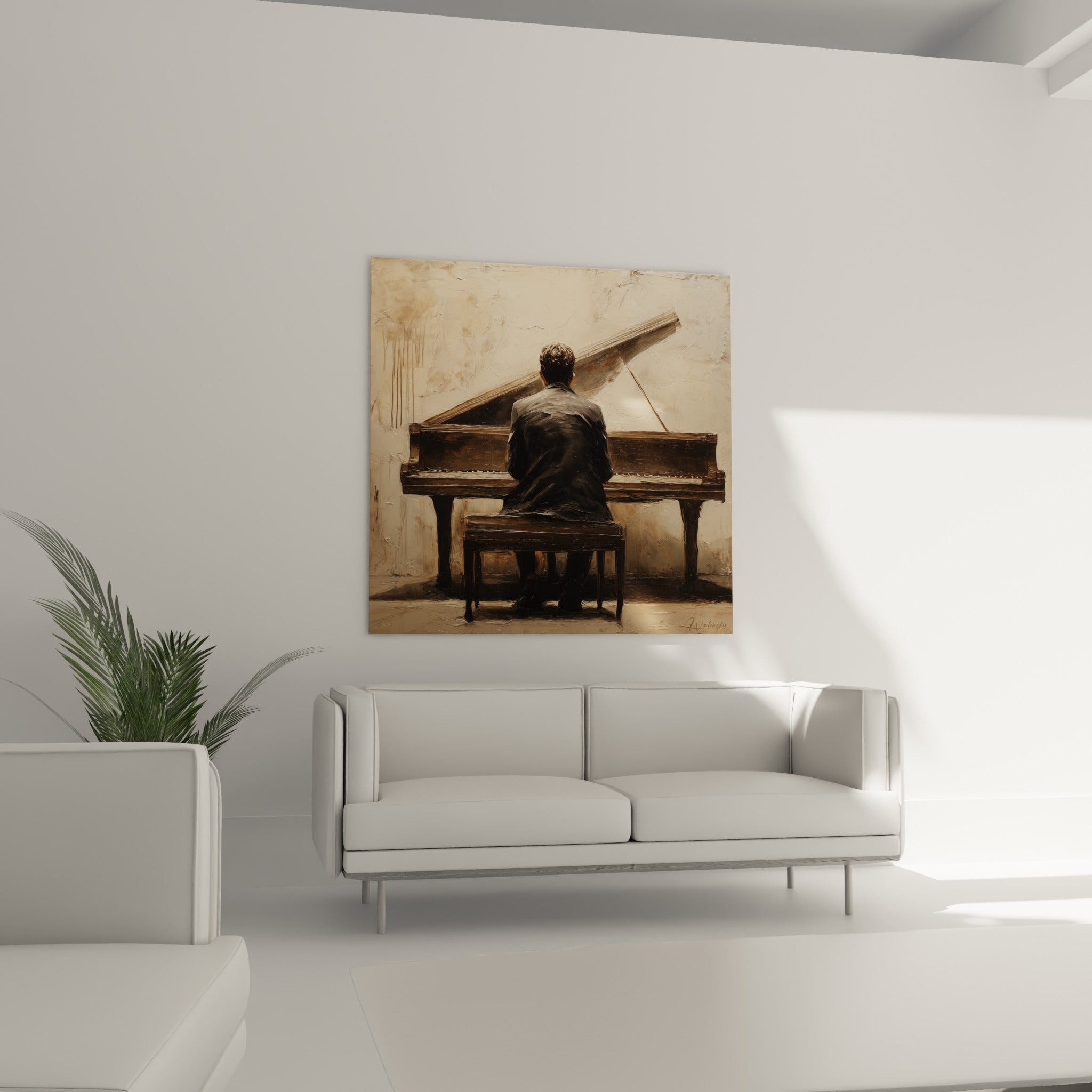 Silhouette d'un pianiste au clavier, fond crème patiné, au-dessus d'un canapé dans un salon lumineux