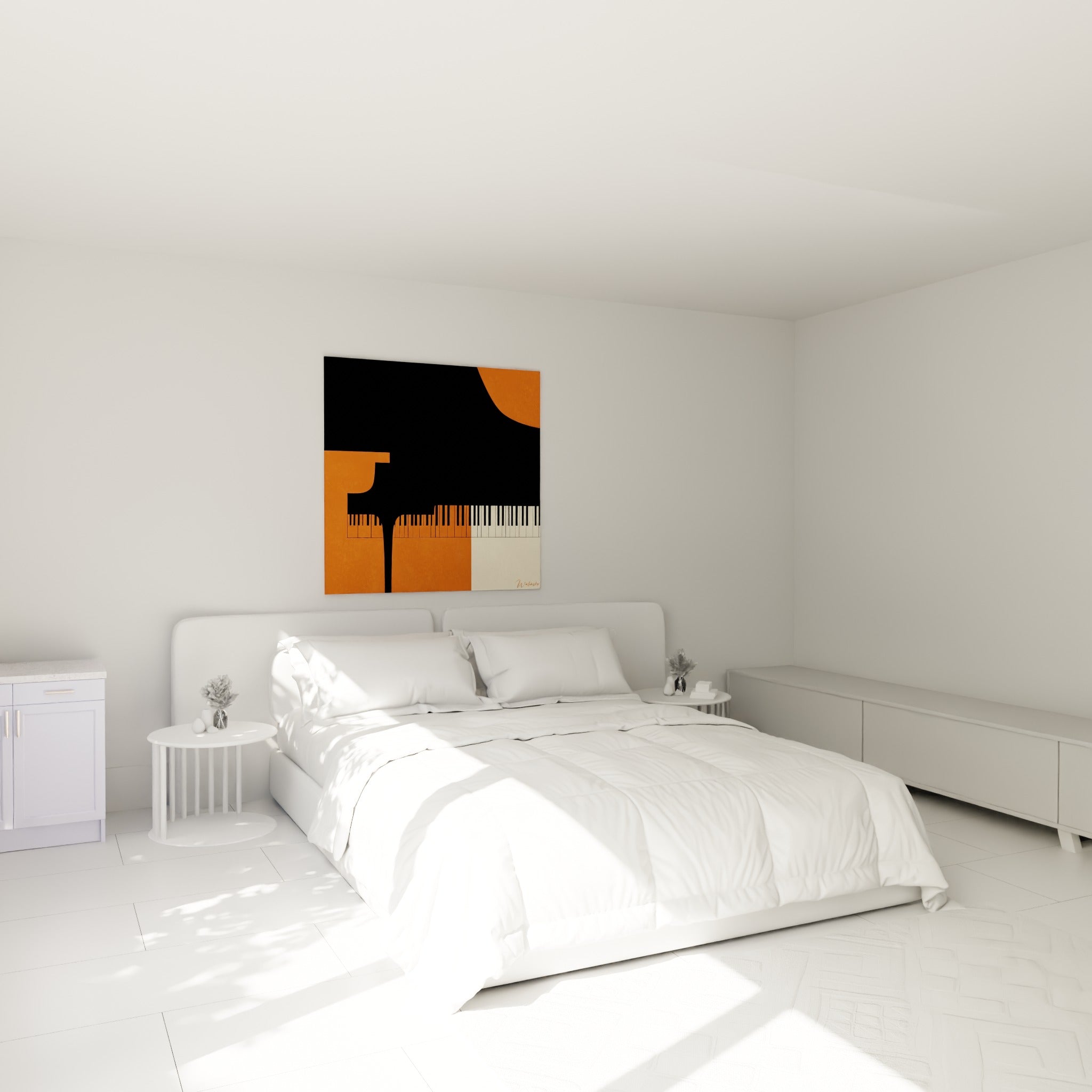 Silhouette de piano noir sur fond orange brûlé et crème, au-dessus d'un lit dans une chambre claire